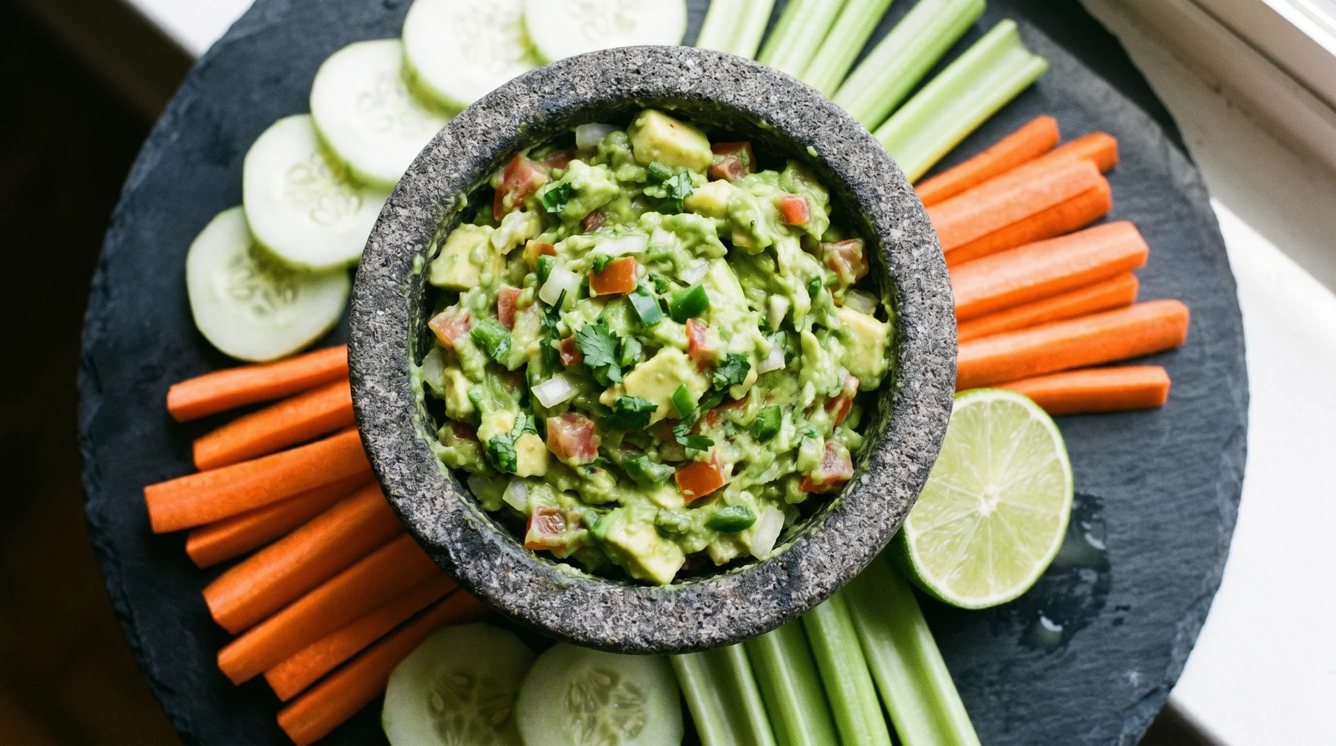 A stone bowl of fresh guacamole surrounded by carrot sticks, celery, cucumber slices, and a lime half on a dark platter.