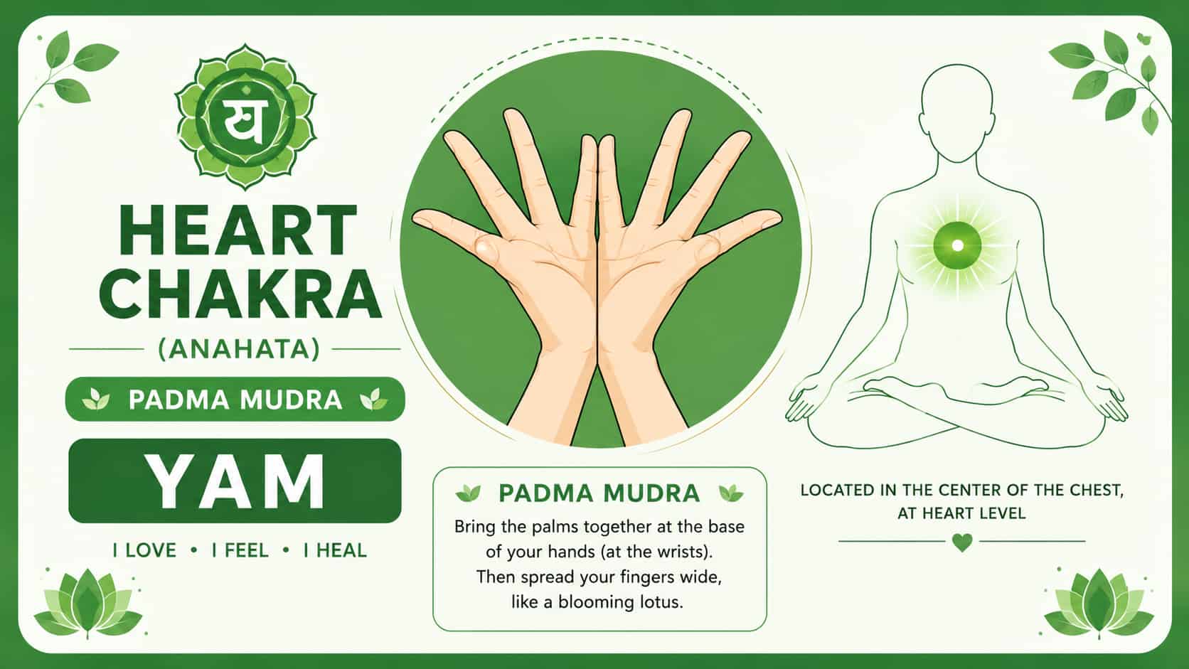 Green infographic for Heart Chakra (Anahata) with Padma Mudra illustration, "YAM" seed mantra, and core beliefs.