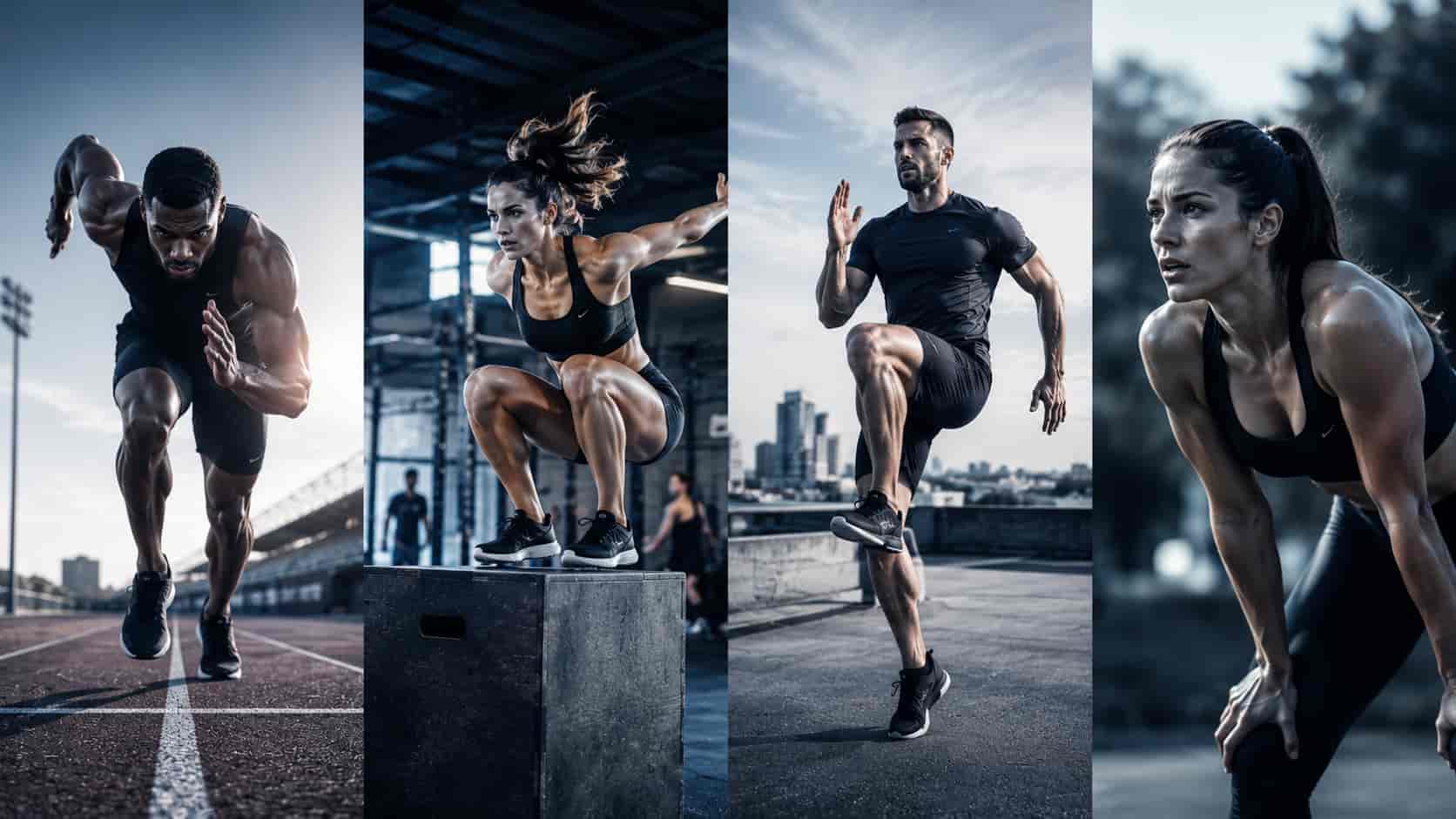 A four-panel grid showing people doing high-intensity exercises, including sprinting, box jumps, and running.