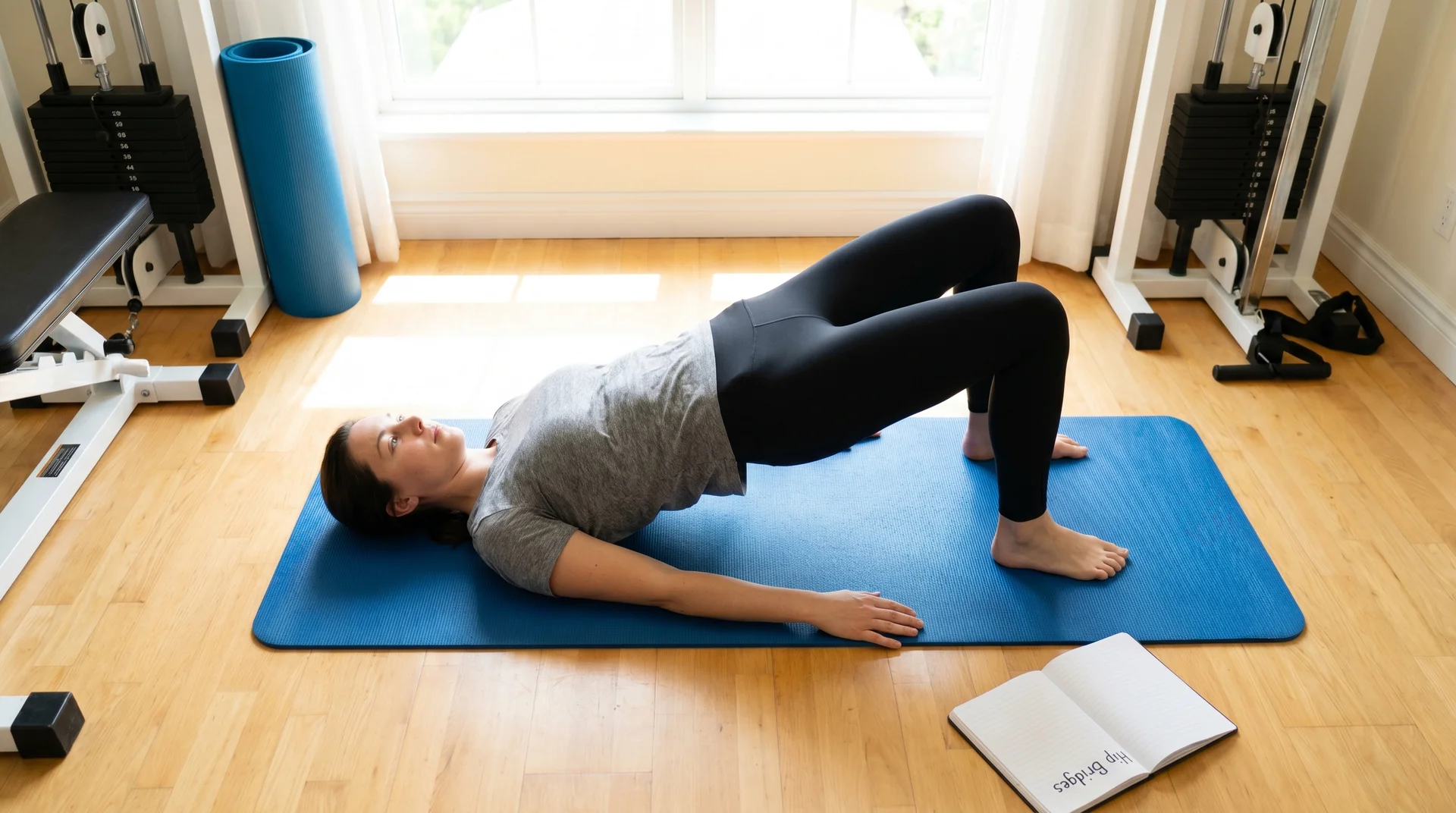 A woman performing a hip bridge exercise on a blue yoga mat over a wooden floor, with her hips lifted toward the ceiling.