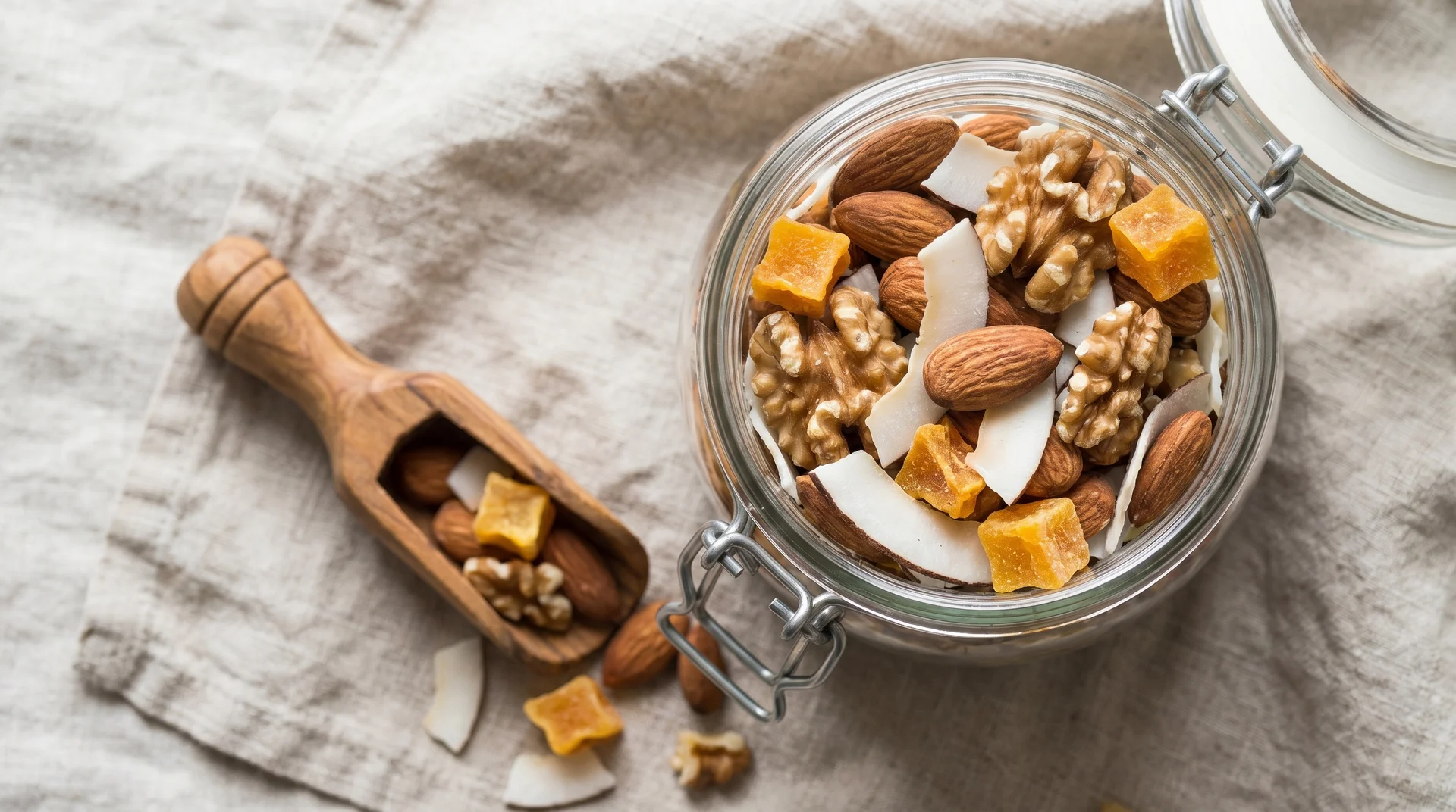 A jar filled with paleo trail mix containing raw almonds, walnuts, coconut chips, and dried mango, with a small wooden scoop beside it.