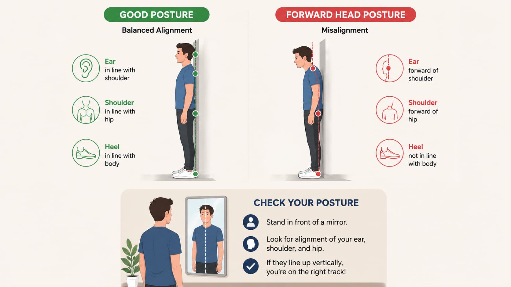 Diagram comparing good posture with balanced alignment to forward head posture with misaligned ear, shoulder, and hip.