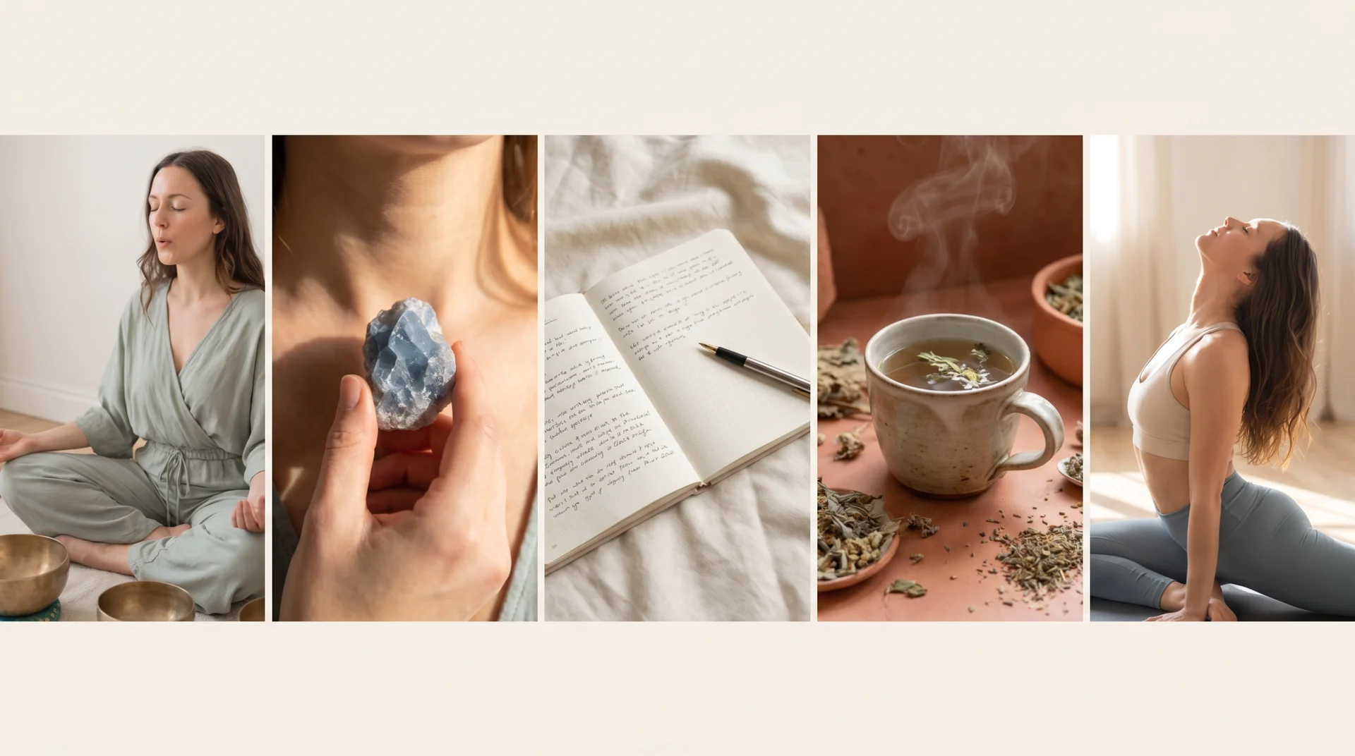 Five collage panels showing a woman meditating, holding a blue crystal, a journal, a mug of tea, and doing a neck-stretching yoga pose.