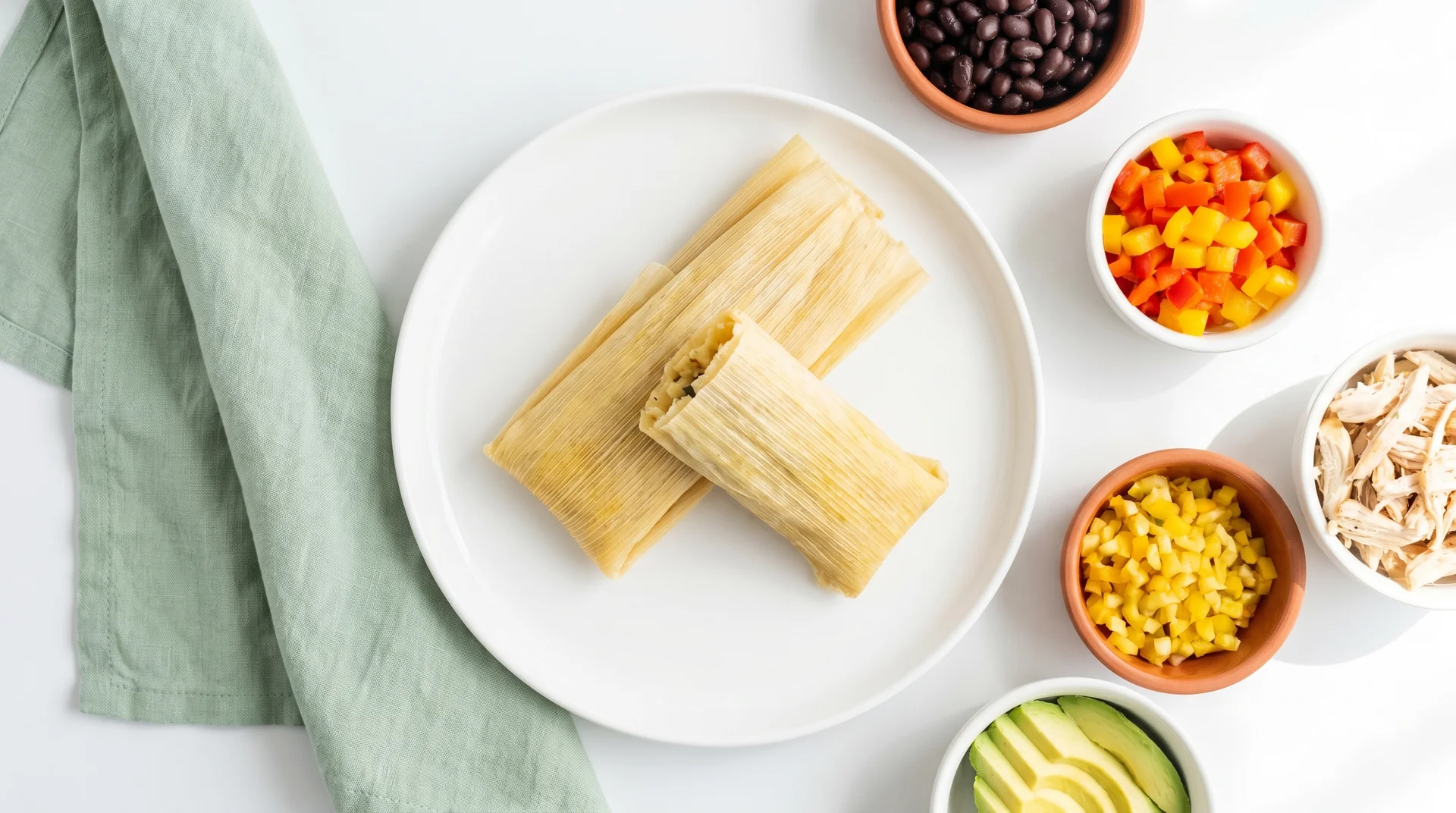 Alt Text: Two tamales on a white plate, surrounded by small bowls of fresh ingredients like black beans, corn, and shredded chicken.