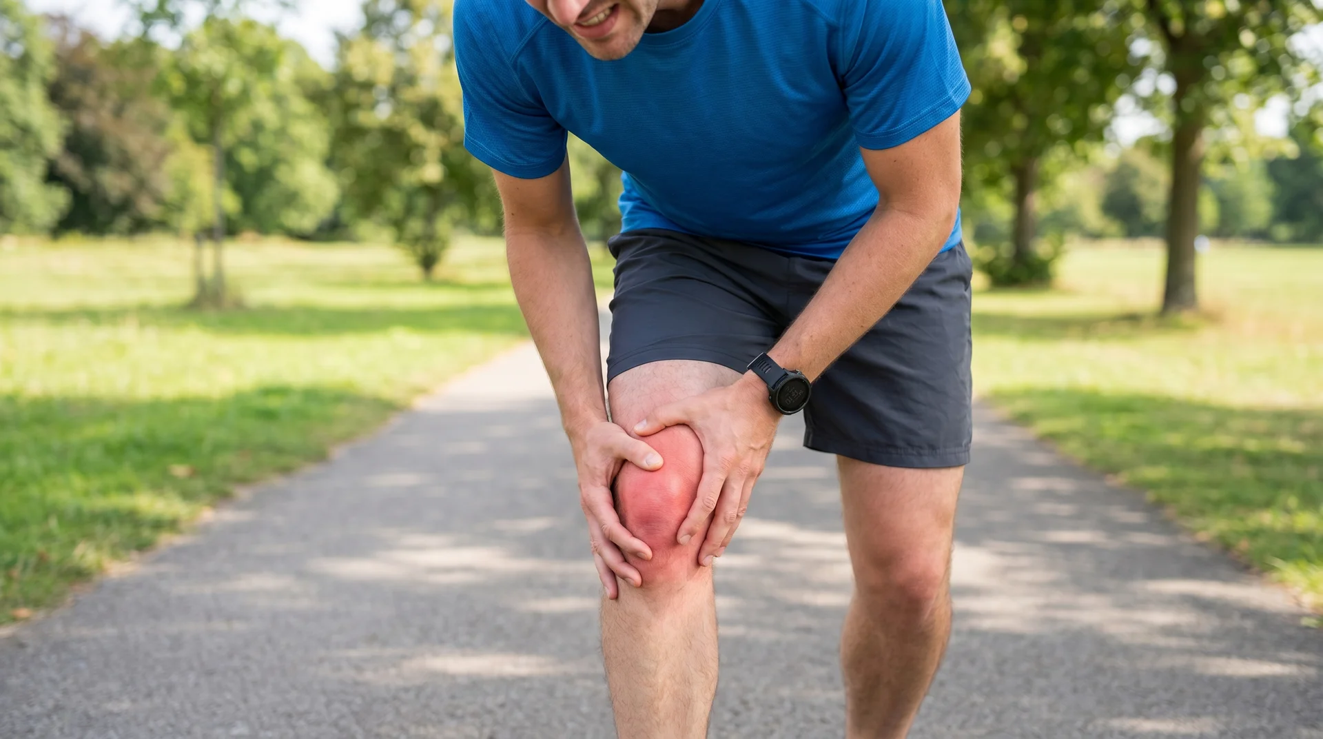 A runner in a blue shirt holds his injured knee on a park path, with a glowing red highlight showing the pain source.