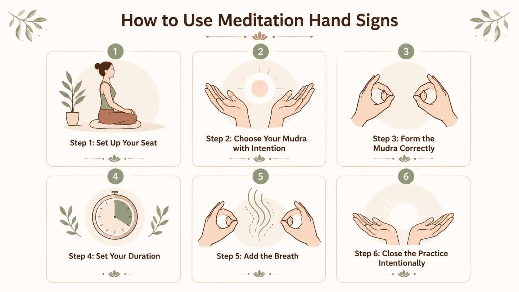 An infographic chart titled "How to Use Meditation Hand Signs" illustrating a six-step guide with line art icons, organized in a two-by-three grid layout.