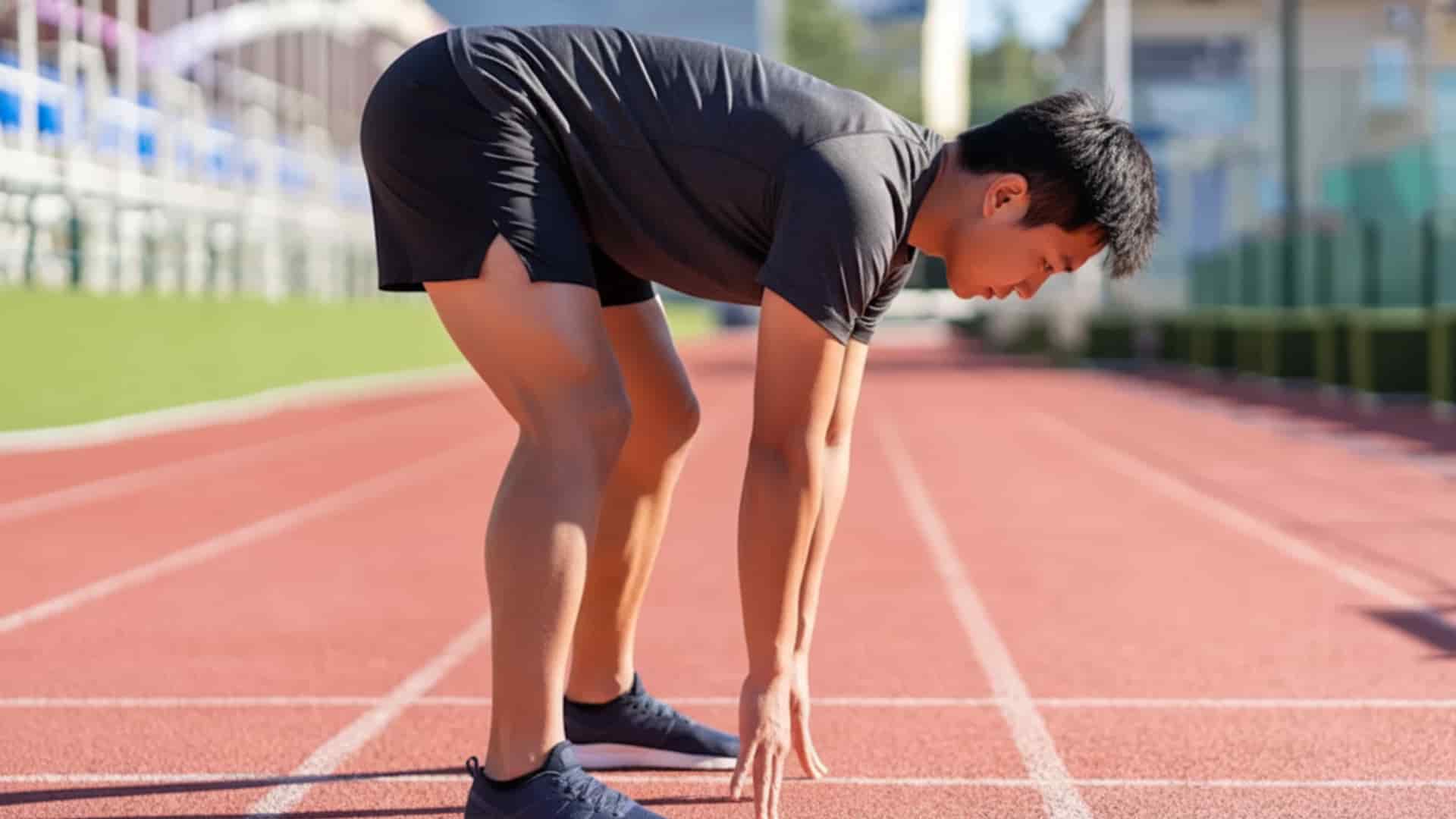 A man in a dark gray shirt and shorts bending forward to touch his fingertips to a running track, performing an inchworm stretch.