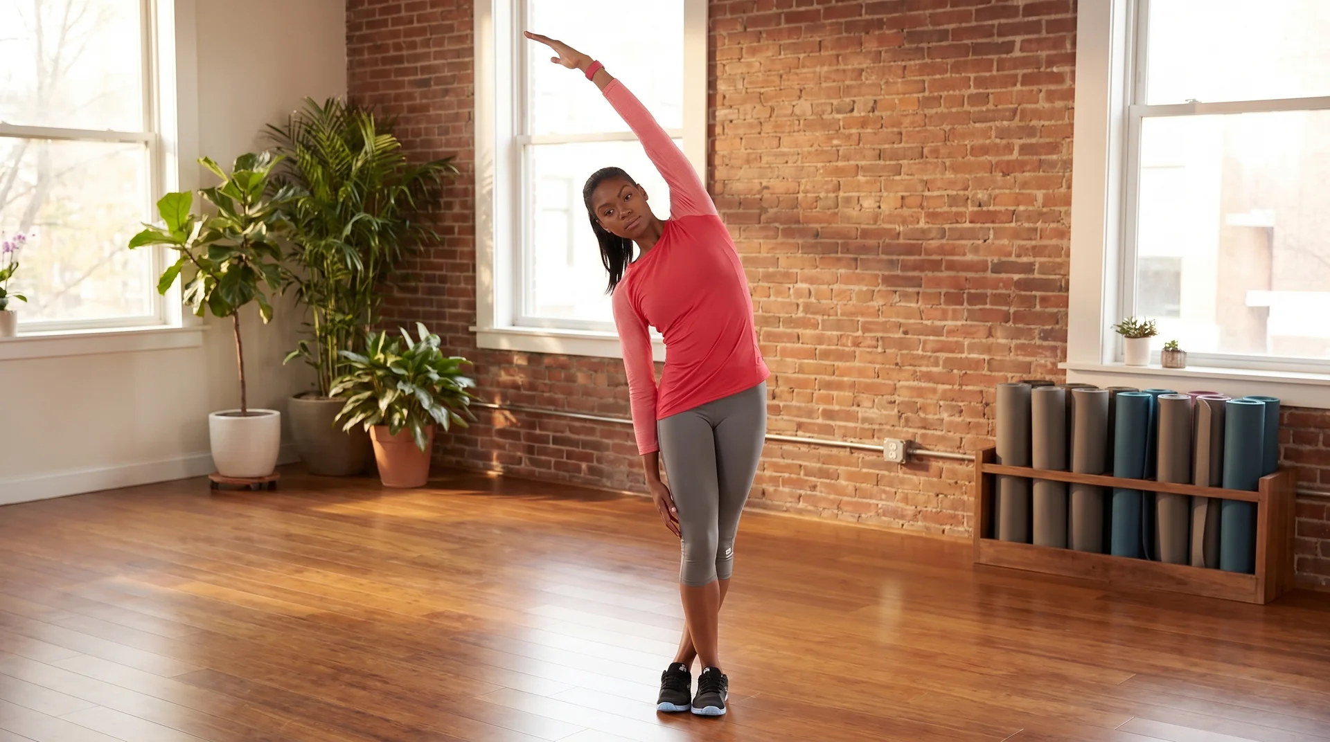 A side-view of a woman in a red top performing a standing IT band stretch by crossing her legs and leaning in a bright studio.