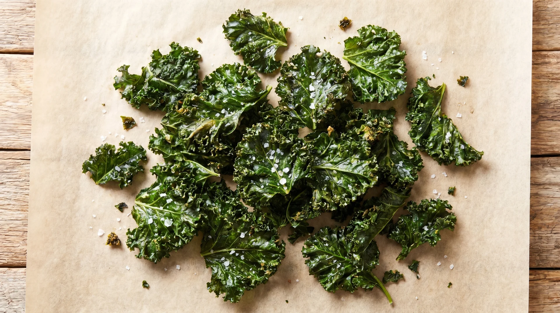 Crispy, dark green baked kale chips lightly sprinkled with sea salt, arranged on a piece of white parchment paper over a wooden surface.
