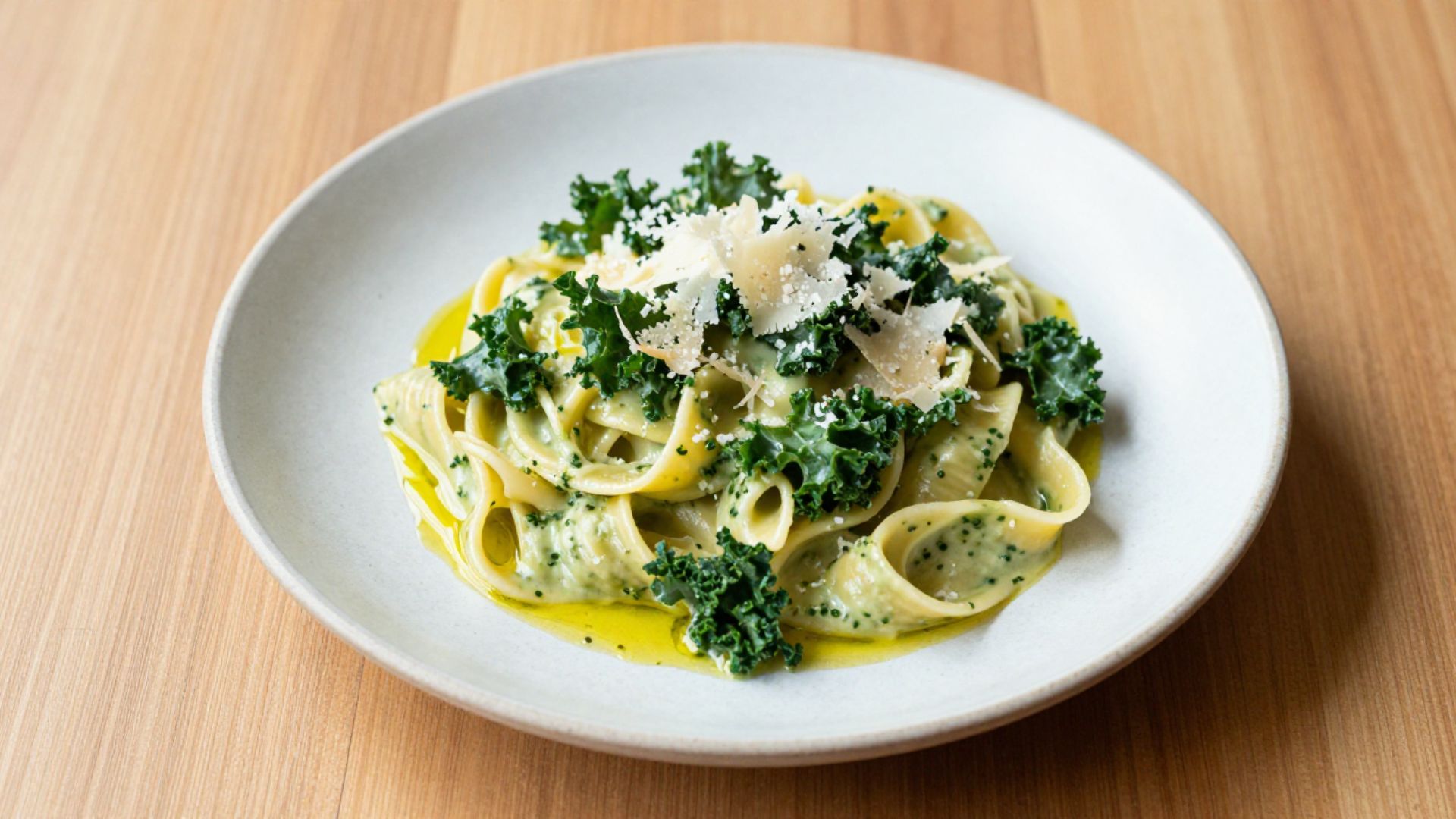 Creamy kale pasta topped with parmesan highlighting kale benefits for heart health, digestion, and nutrient-rich meals.