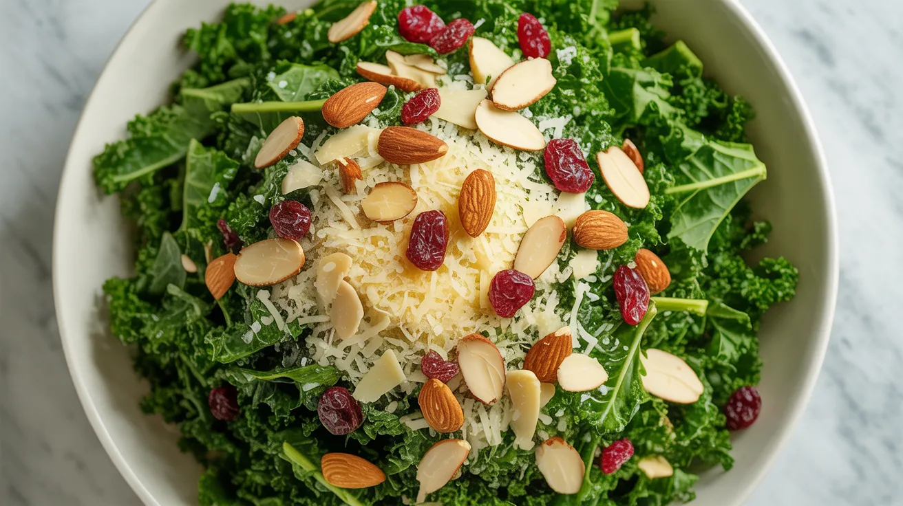 Fresh kale salad with almonds, cranberries, and cheese highlighting kale benefits for heart health, digestion, and nutrition.