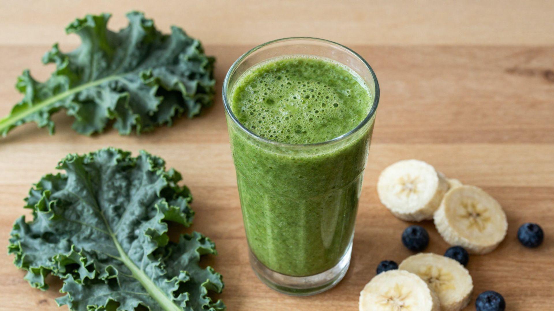 Kale smoothie with fresh kale, banana, and blueberries showing kale benefits for digestion, weight support, and healthy nutrition.