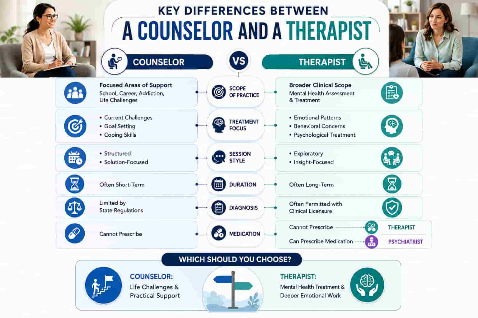 Infographic comparing key differences between a counselor and a therapist in scope, focus, and treatment.