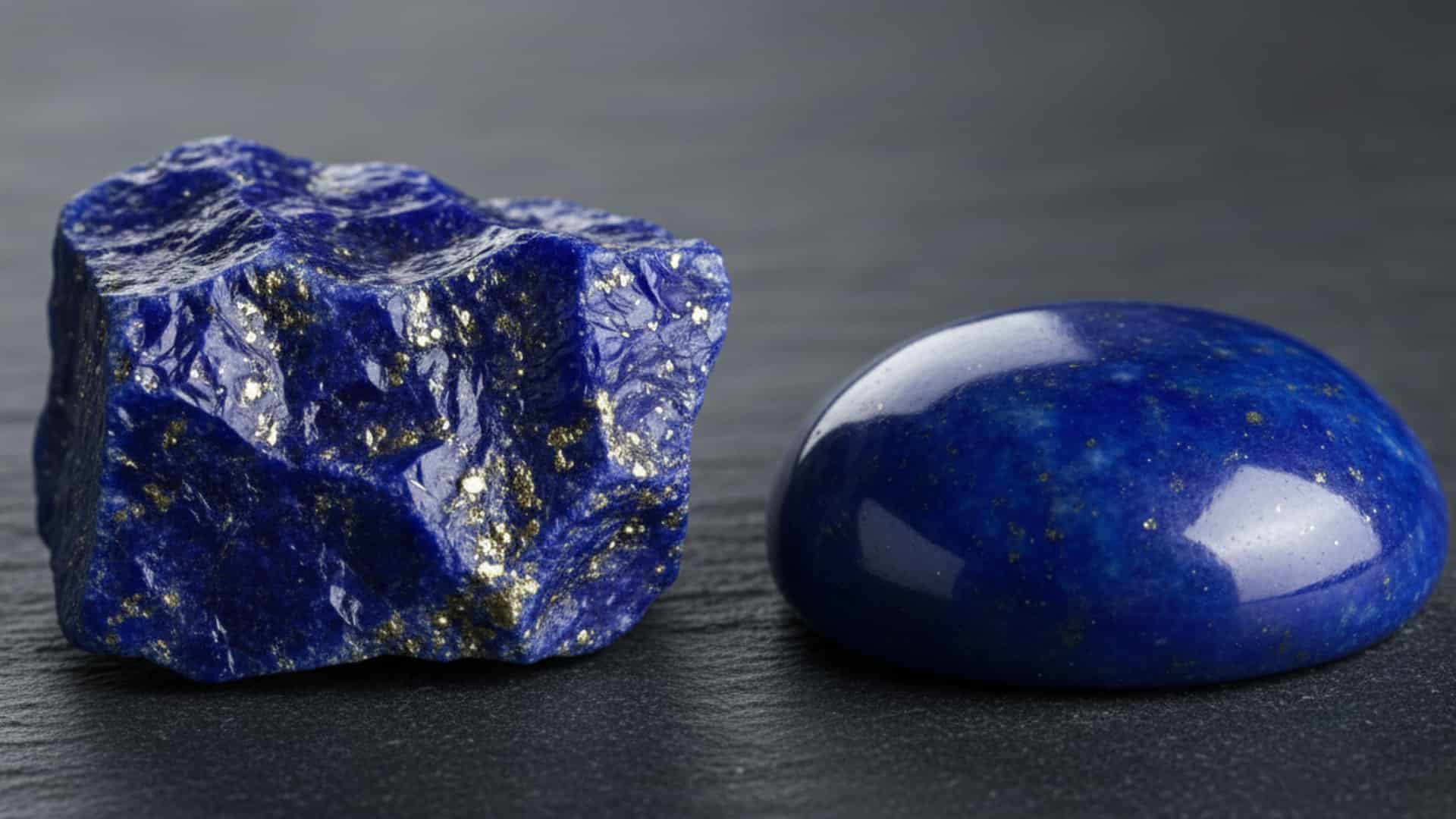 A rough chunk and a polished oval cabochon of deep blue lapis lazuli stones resting on a dark surface.