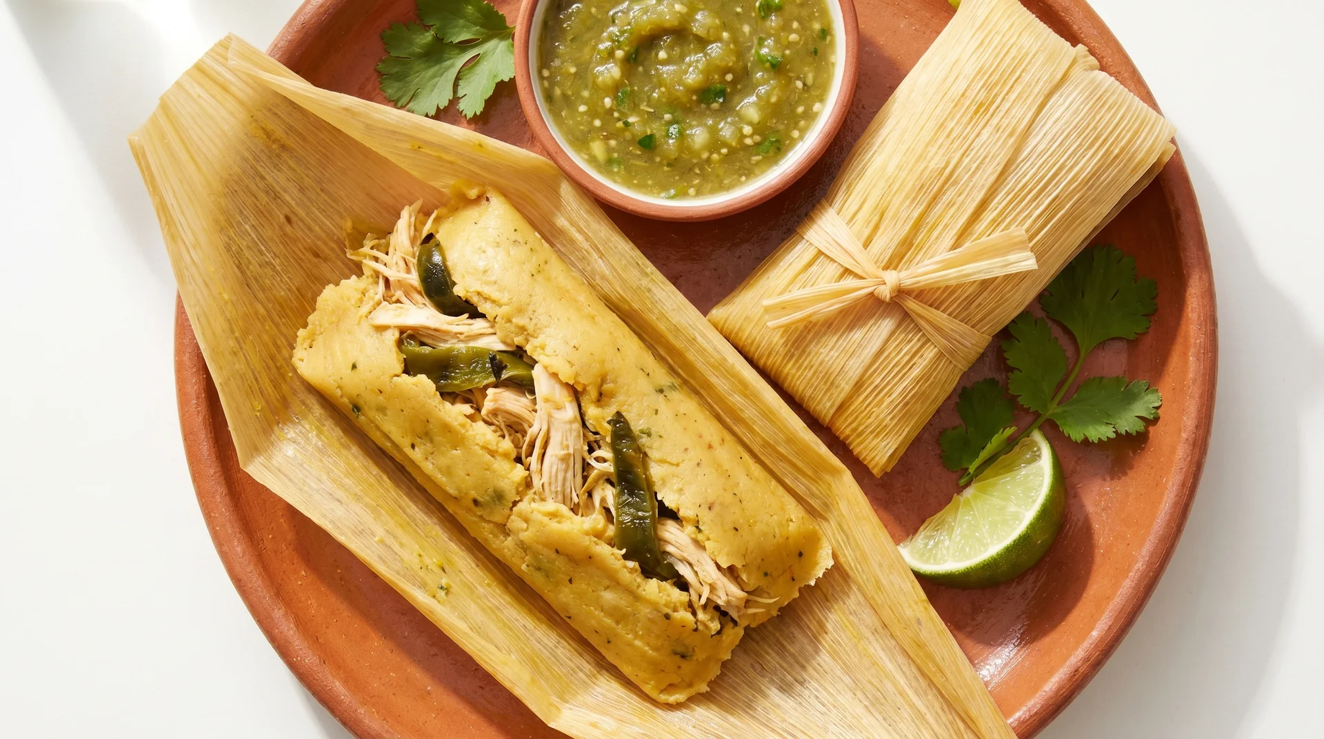 Alt Text: A plate of chicken tamales wrapped in corn husks, served with a side of green salsa and fresh lime slices.