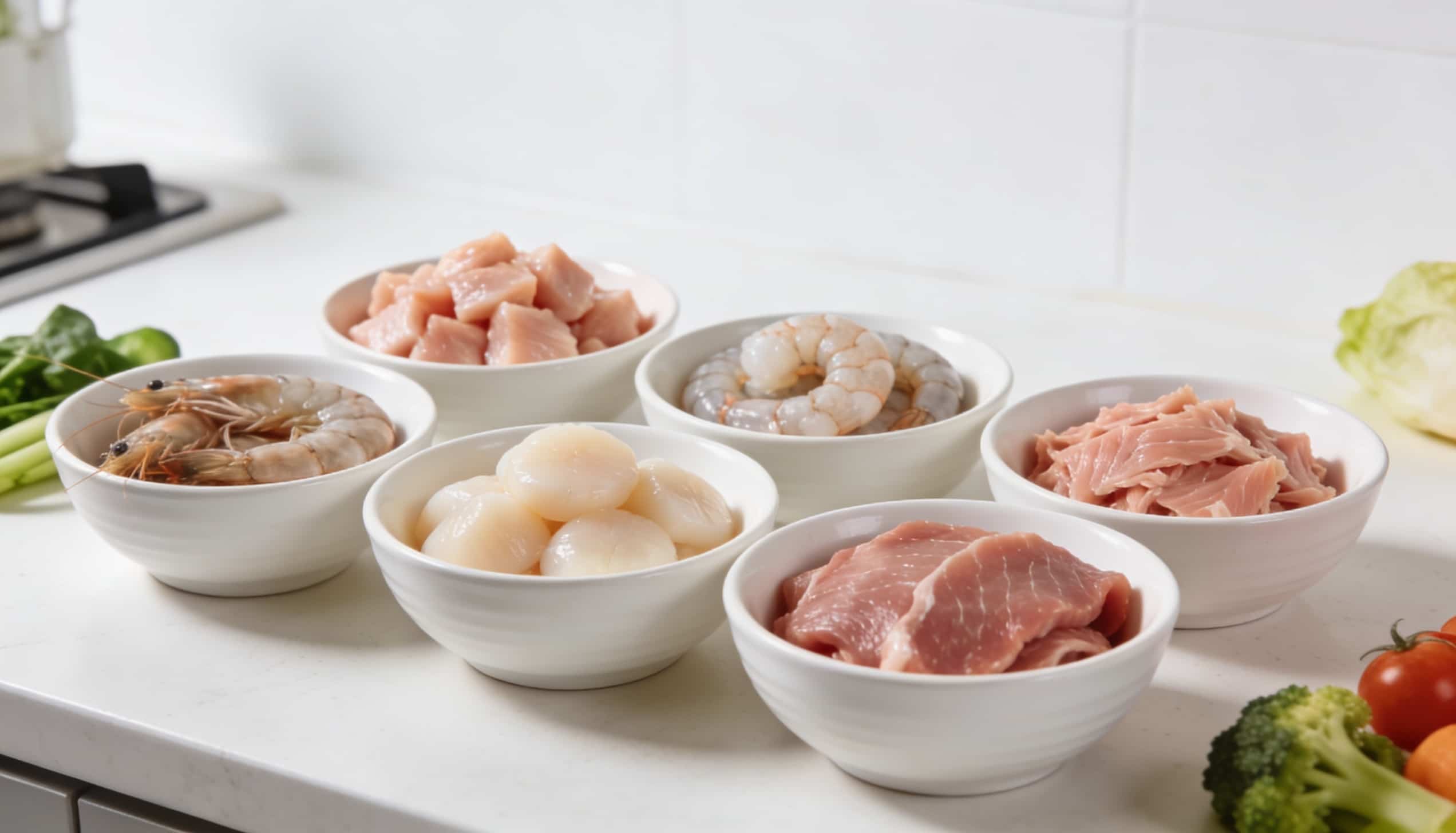 Raw chicken breast, shrimp, scallops, and tuna arranged in small white bowls on a counter.