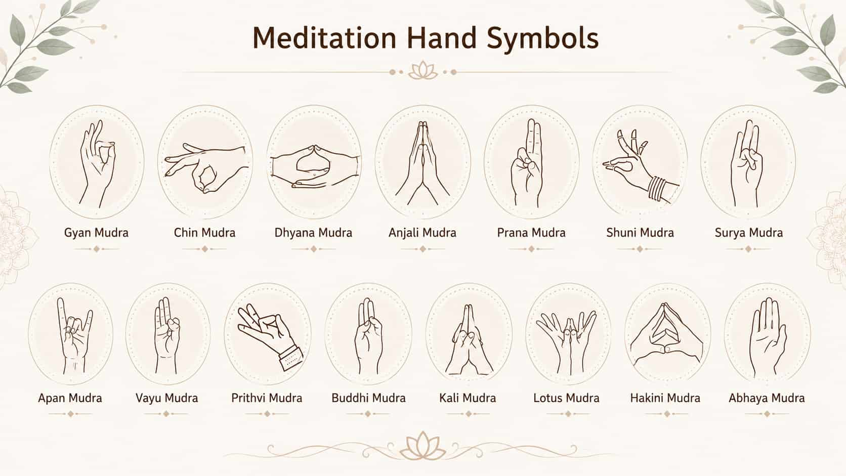 An infographic chart titled "Meditation Hand Symbols" displaying 15 different hand mudras illustrated in line art across two rows.