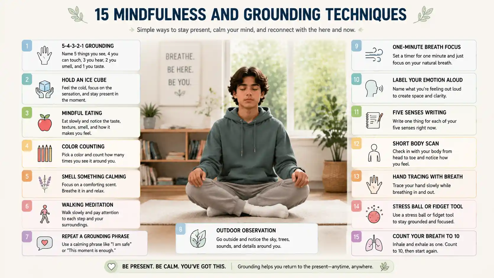 Infographic detailing 15 mindfulness and grounding coping skills for teen stress relief.