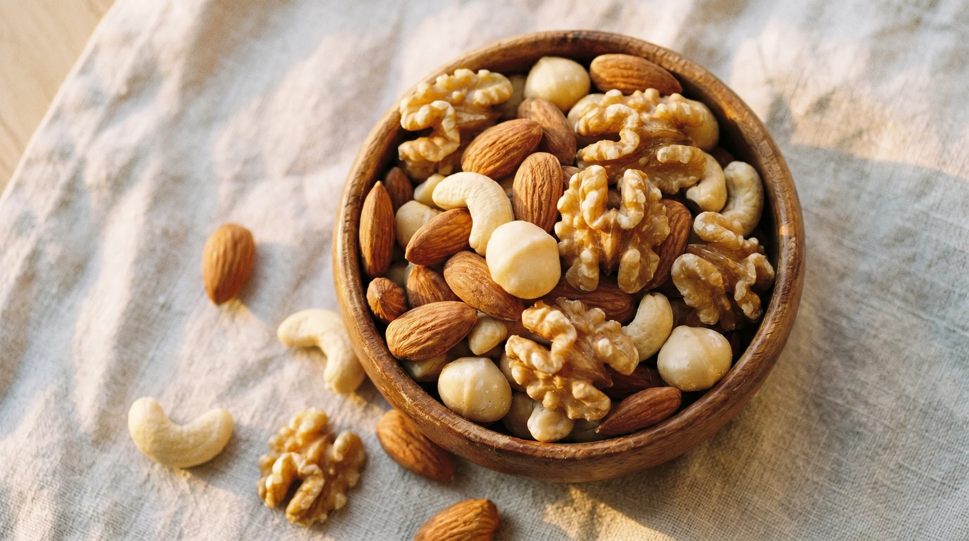 A wooden bowl filled with a variety of raw mixed nuts, including almonds, walnuts, and cashews, resting on a rustic cloth surface.