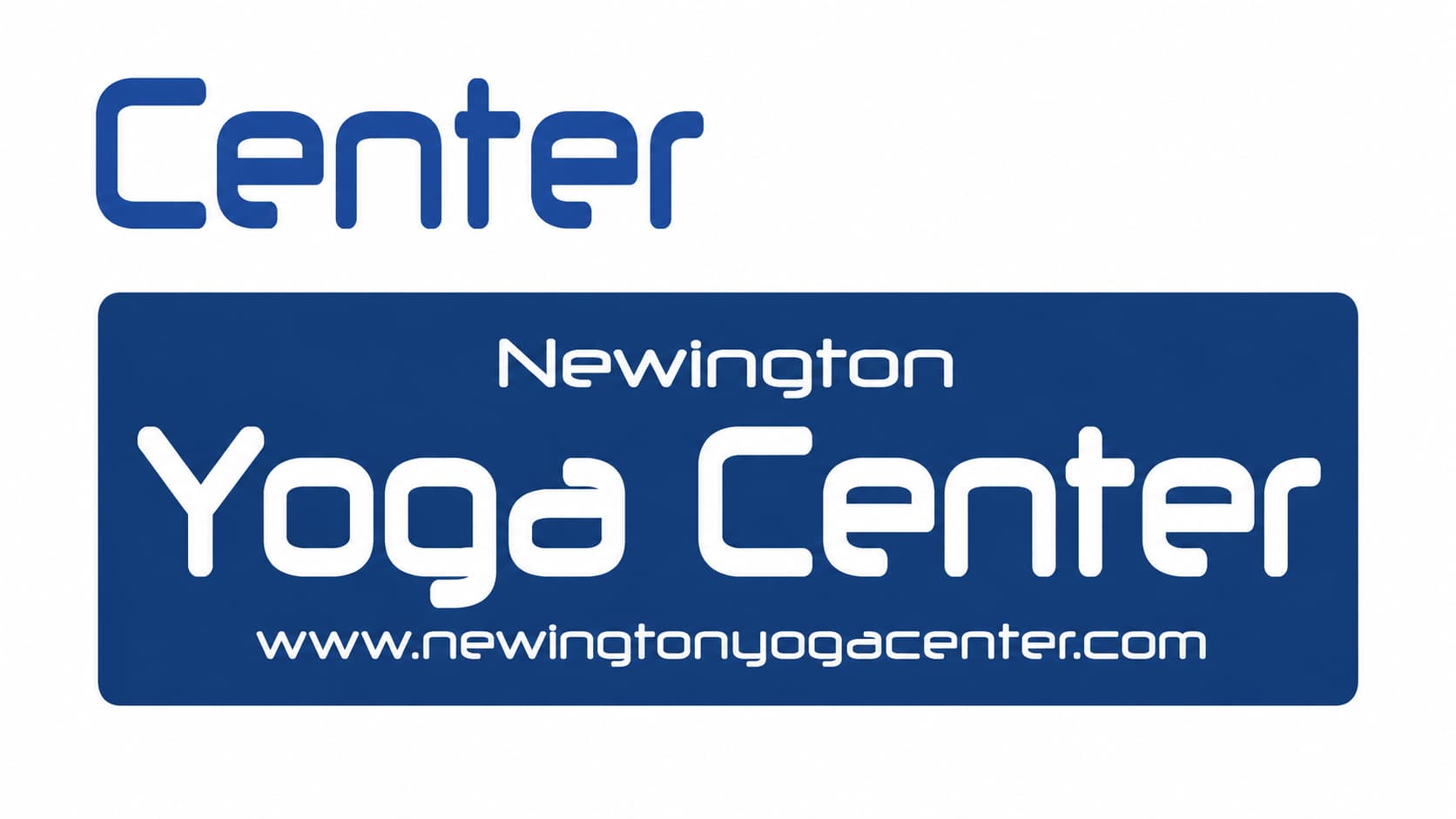 Logo for Newington Yoga Center featuring the word "Center" in blue above a dark blue rectangular block containing white text.