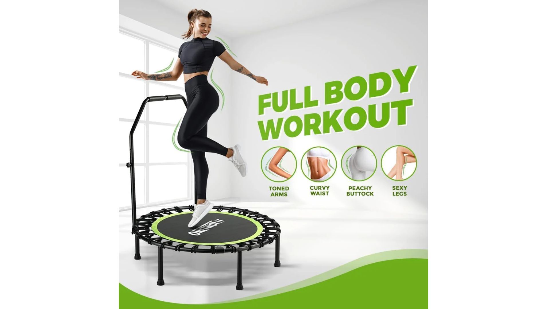 Woman exercising on a ONETWOFIT mini trampoline with text reading "Full Body Workout" and four fitness target icons.