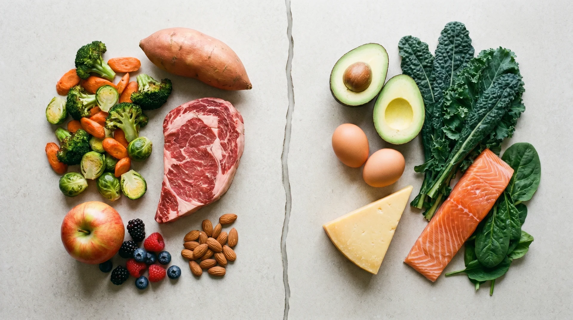 Two plates side-by-side comparing a Paleo diet with raw steak and veggies to a Keto diet with salmon, avocado, and eggs.