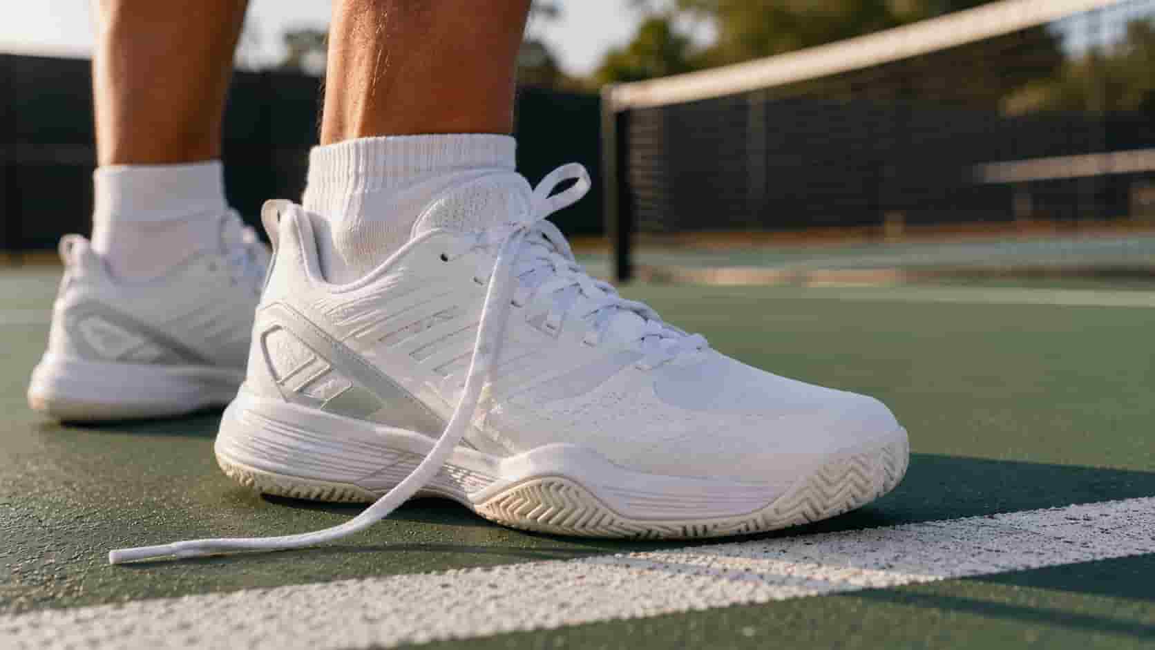 A person wearing white court shoes standing on a pickleball court.