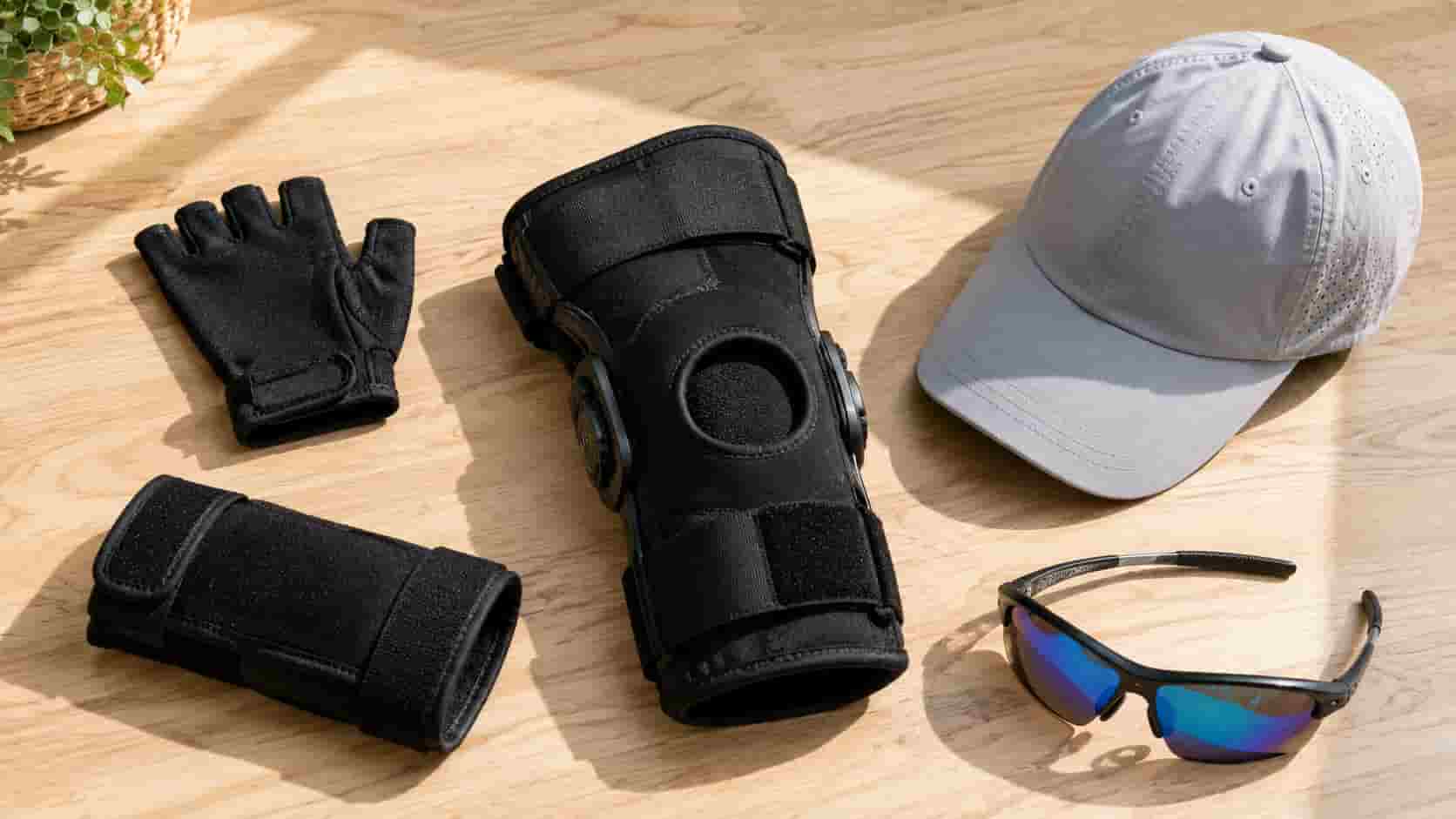 Optional pickleball gear including sports gloves, a knee brace, a grey cap, and sunglasses.