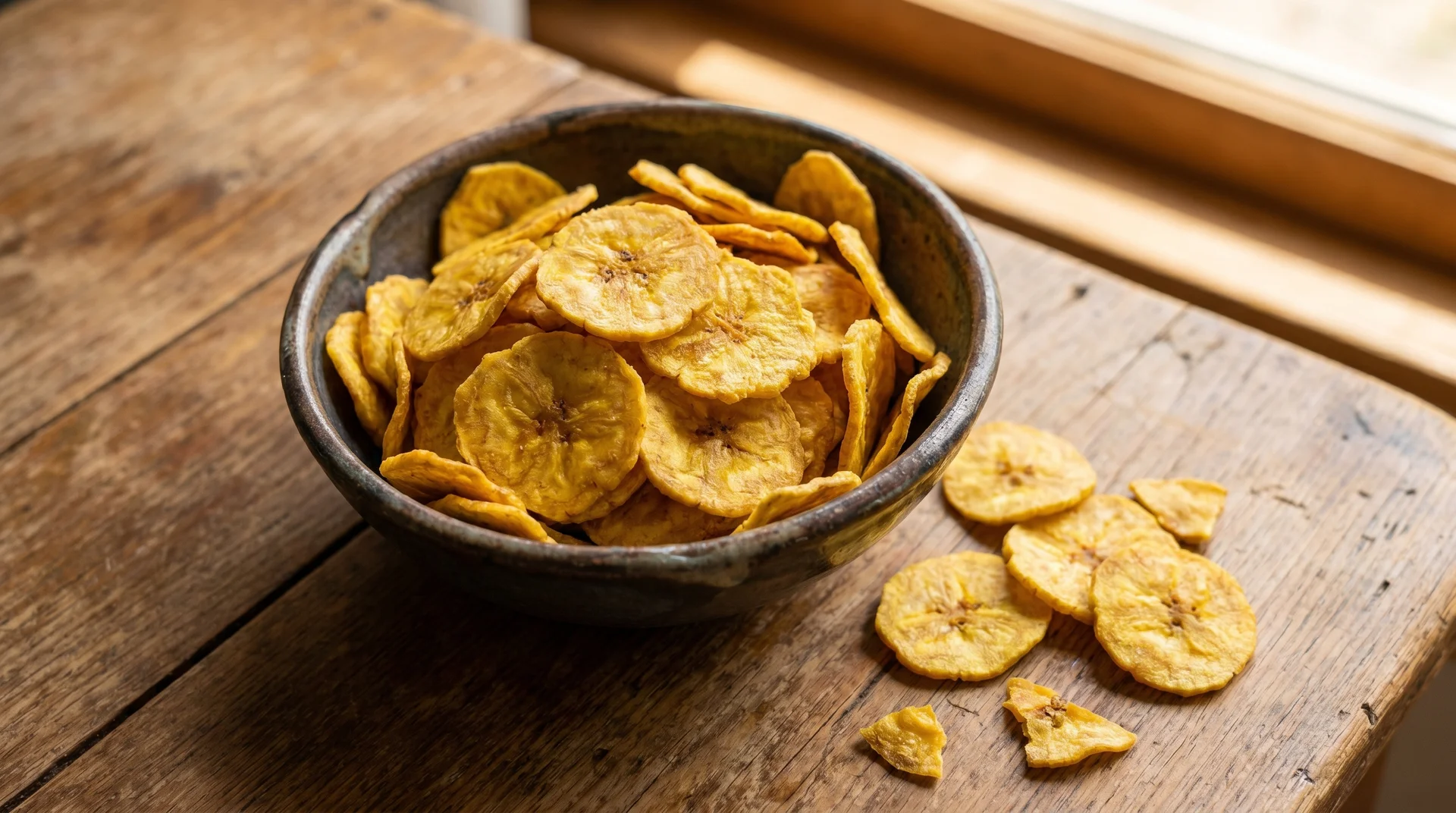 A dark ceramic bowl filled with golden-brown, crispy baked plantain chips, placed on a rustic wooden table next to a few scattered chips.