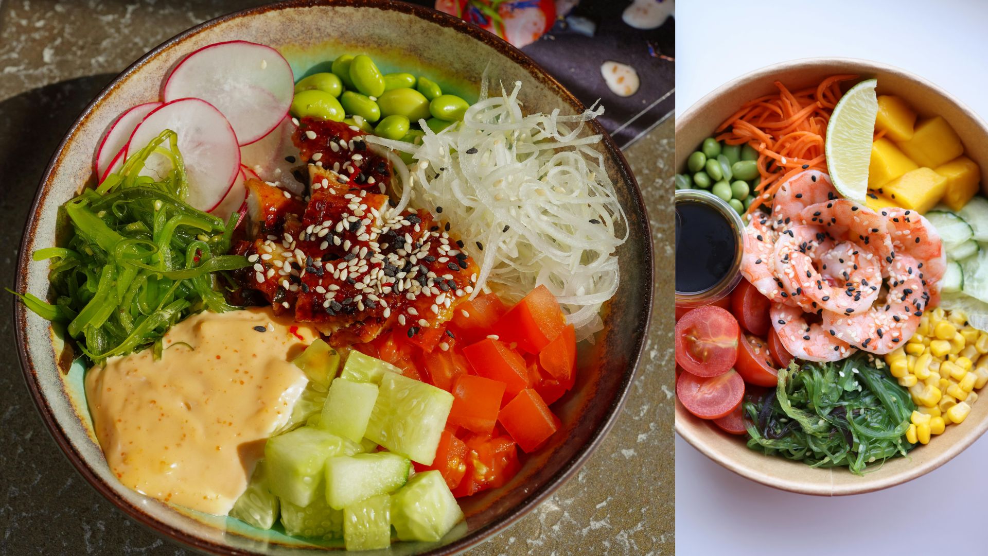 Two vibrant poke bowls side by side: one with salmon, diced mango, and avocado, and the other with shrimp, edamame, and corn.