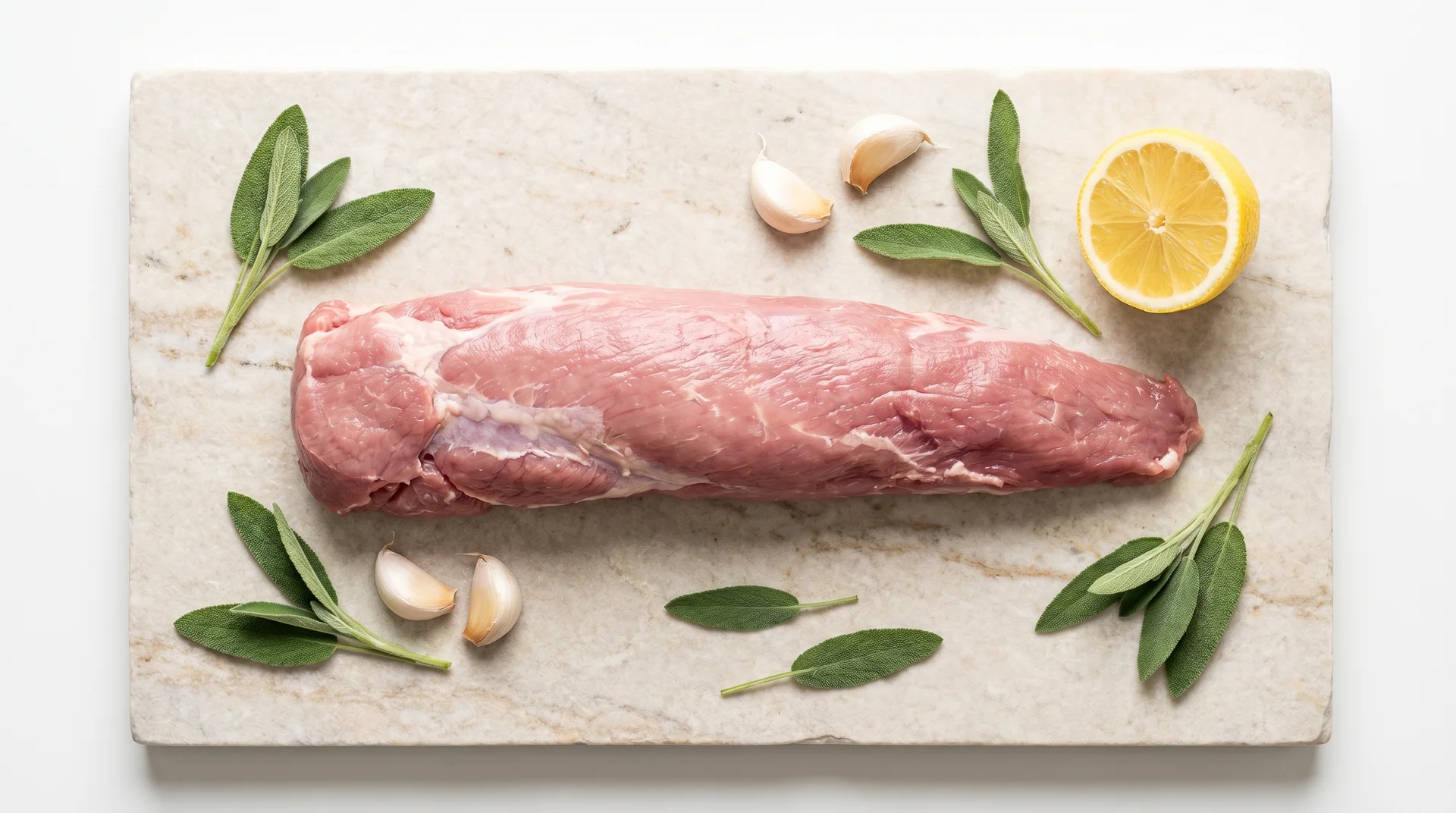 Raw pork tenderloin on a marble board with fresh sage leaves, garlic cloves, and a lemon slice.