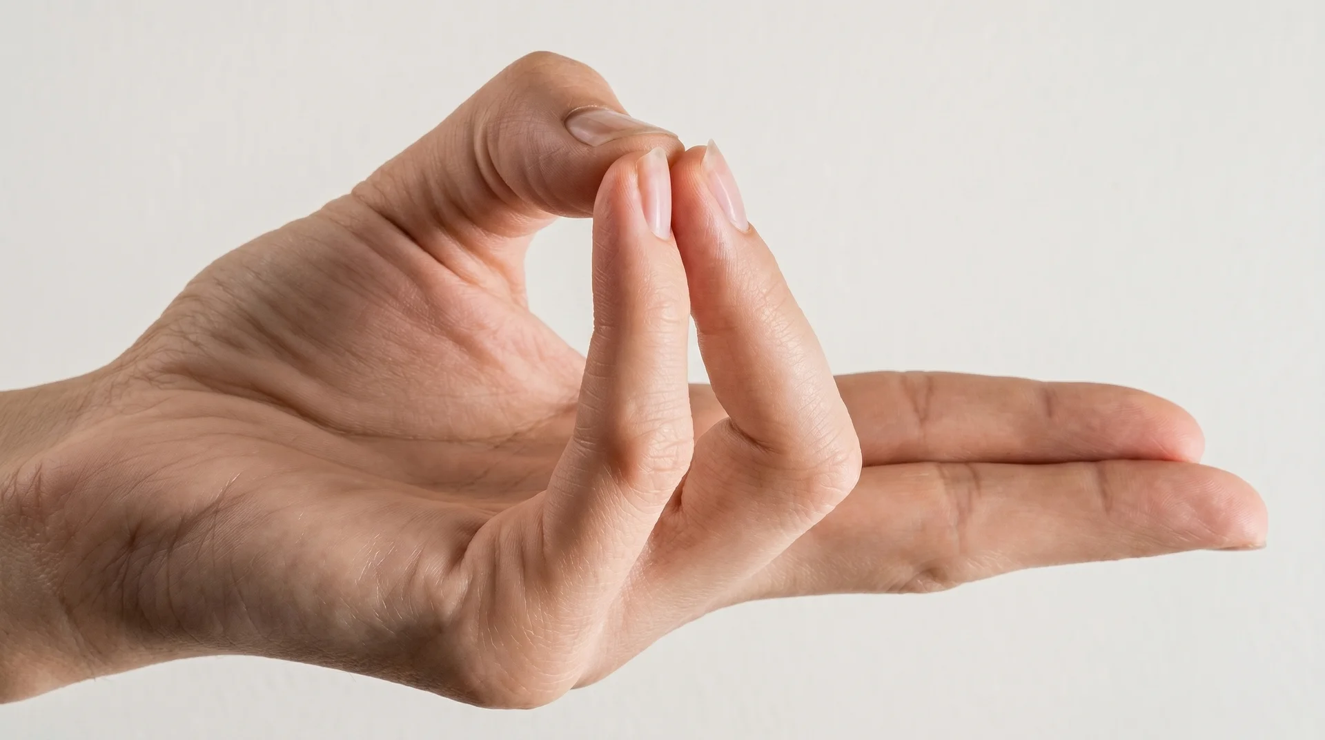 Close-up of a hand in Prana Mudra, with the ring and little fingers touching the thumb while the index and middle fingers are extended.