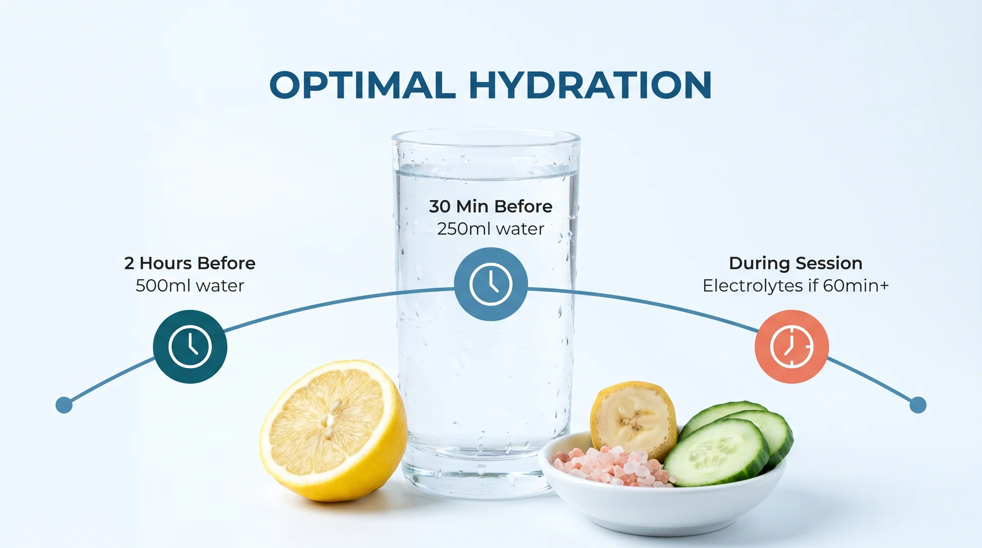 Pre-workout hydration guide showing water intake 2 hours and 30 minutes before exercise, plus electrolytes during session.