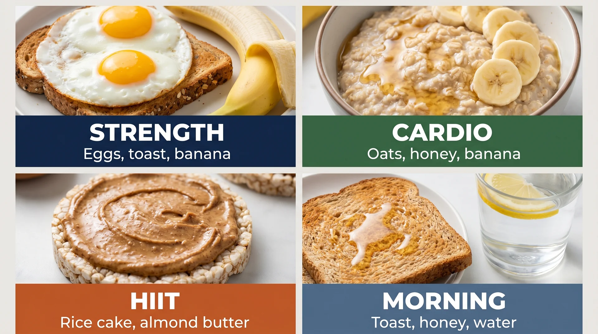 Pre-workout meal ideas by workout type: strength, cardio, HIIT, and morning, showing eggs, oats, rice cakes, and toast.