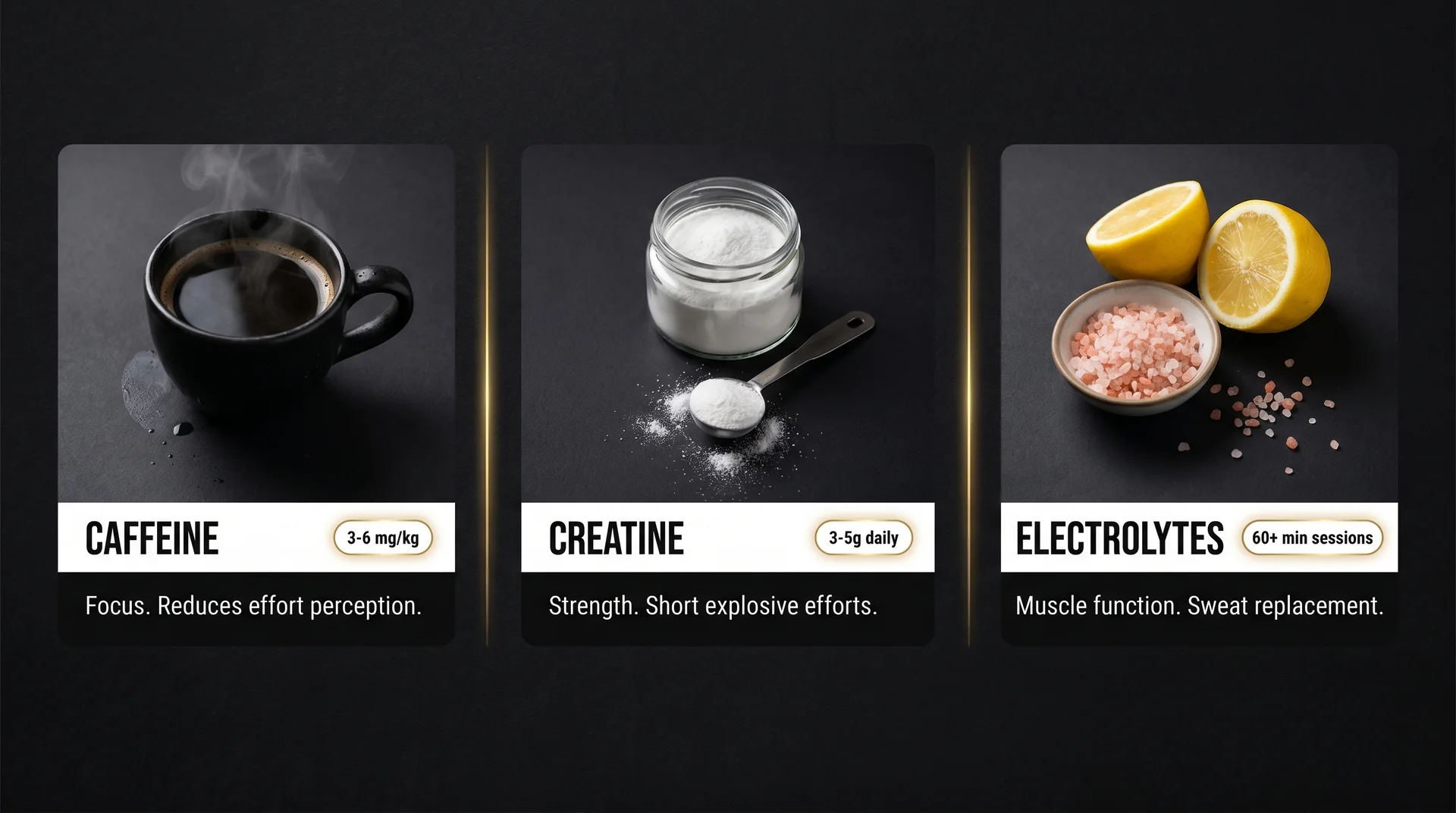 Pre-workout supplements showing caffeine, creatine, and electrolytes with recommended dosage and benefits.