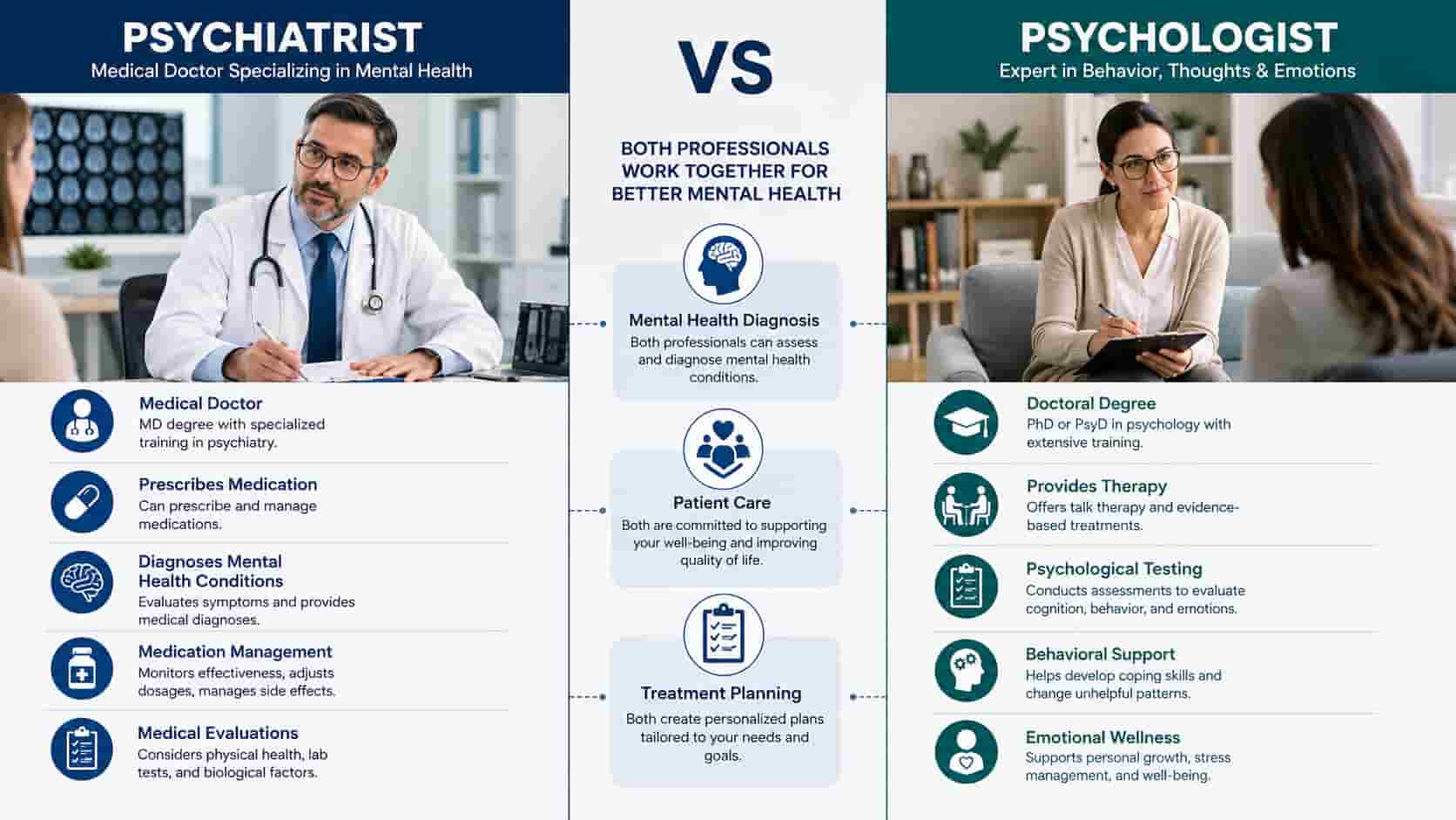 Comparison infographic titled Psychiatrist vs Psychologist breaking down differences in training, therapy, and medication.
