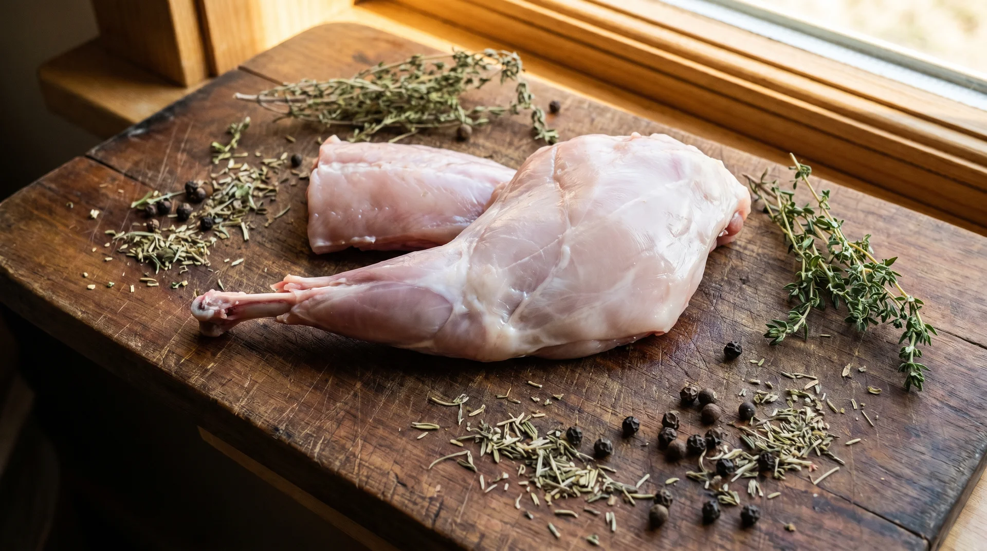 Raw rabbit meat sections on a wooden cutting board, garnished with fresh thyme twigs and black peppercorns.