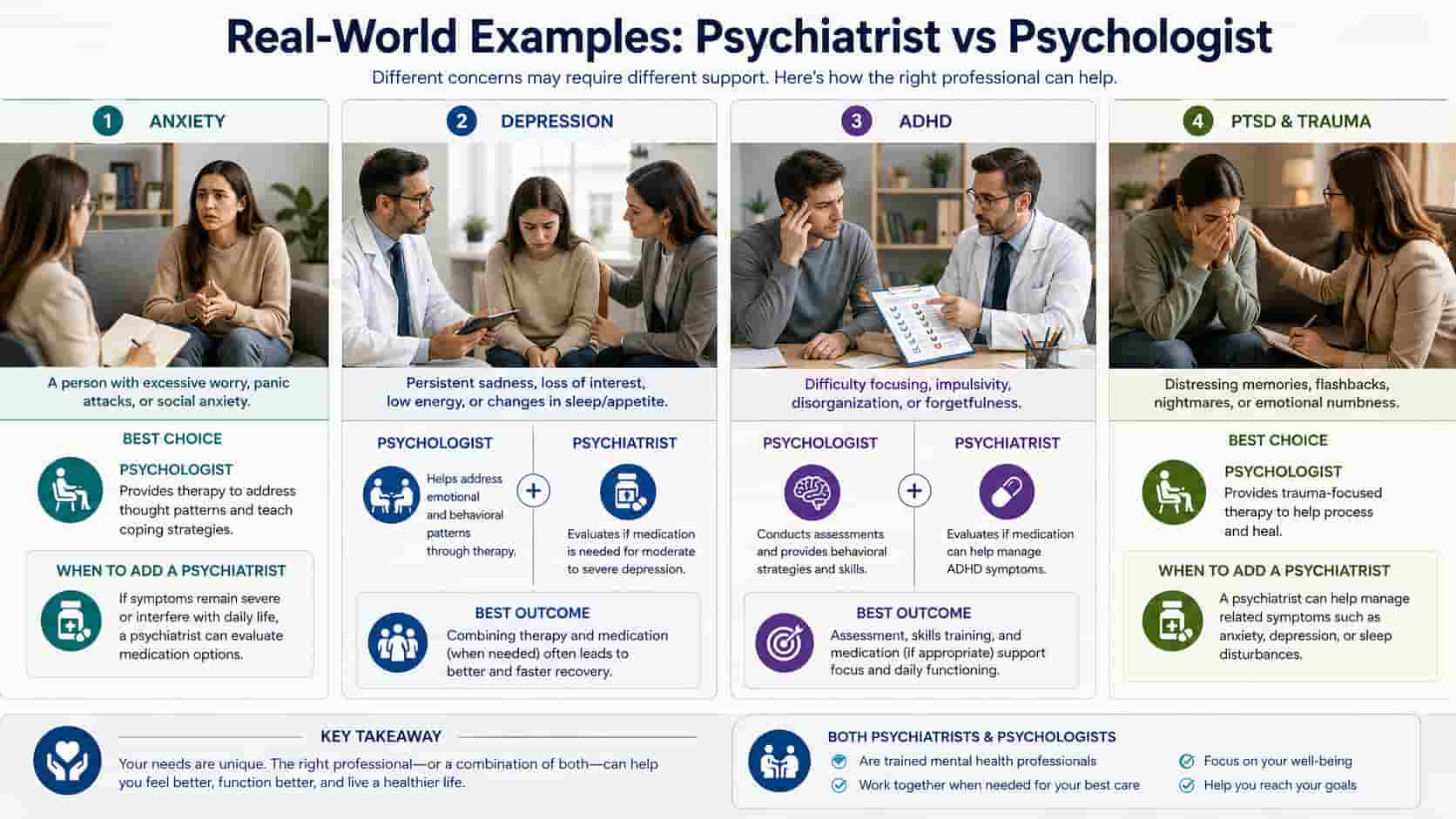 Infographic titled Real-World Examples: Psychiatrist vs Psychologist, showing who to see for anxiety, depression, ADHD and PTSD