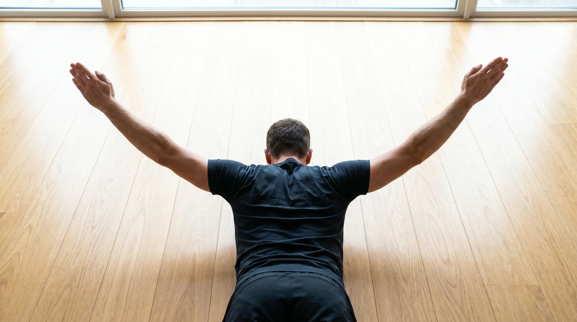 A back view of a man lying face down on a mat, performing a reverse snow angel by raising his upper body slightly and extending his arms out to the sides.