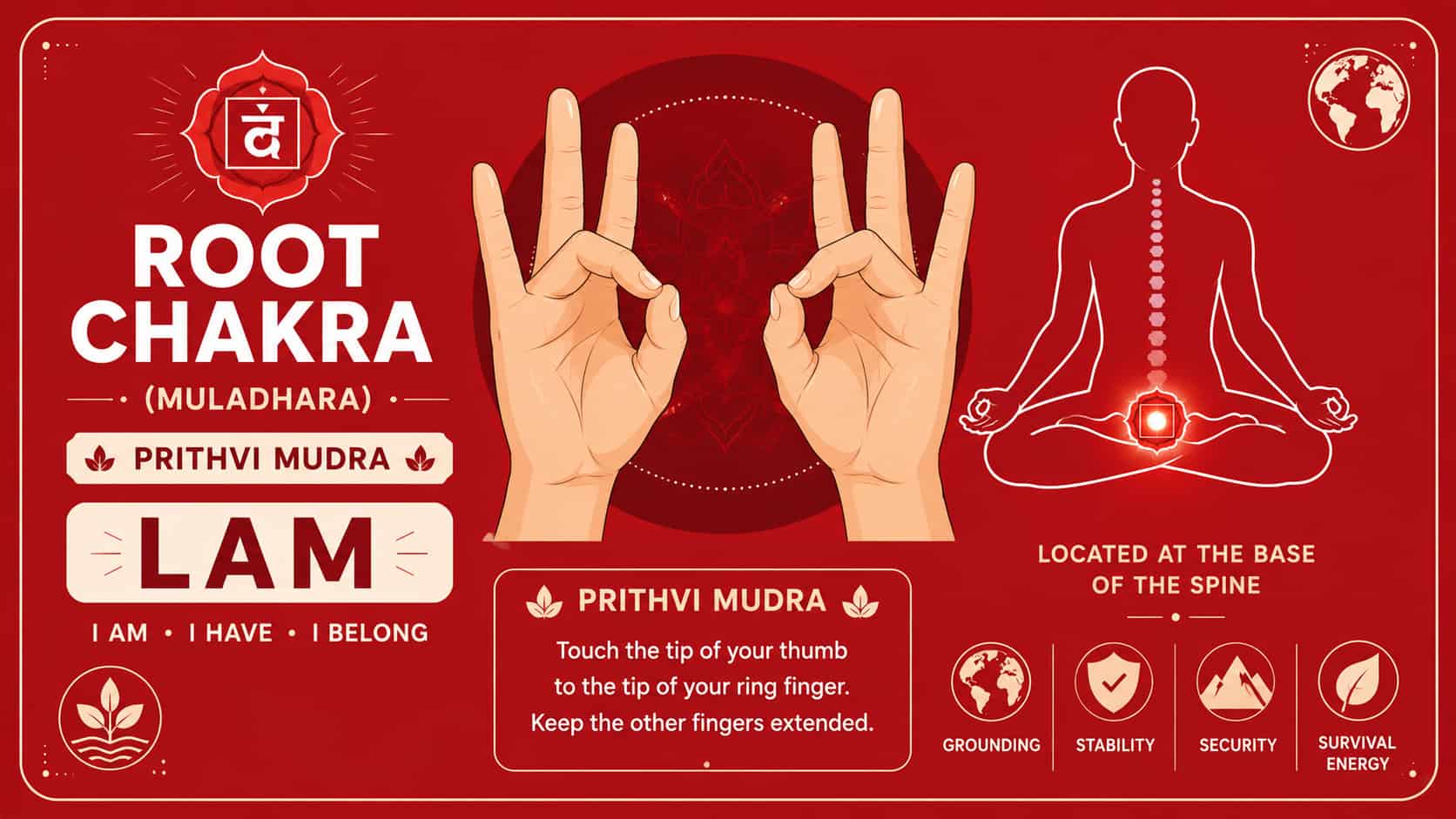 Red infographic for Root Chakra (Muladhara) with Prithvi Mudra illustration, "LAM" seed mantra, and core beliefs.