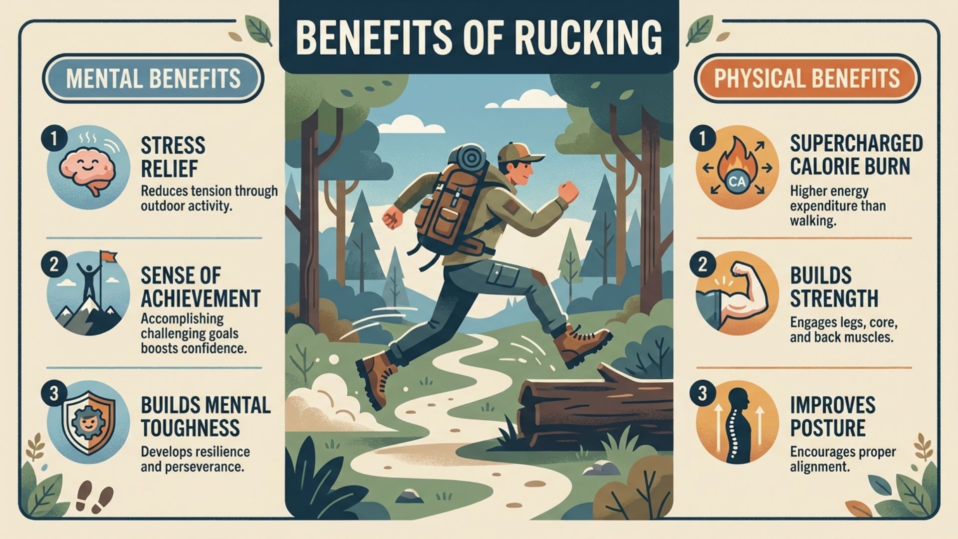 An infographic detailing the physical and mental benefits of rucking, featuring an illustration of a hiker with a weighted backpack.