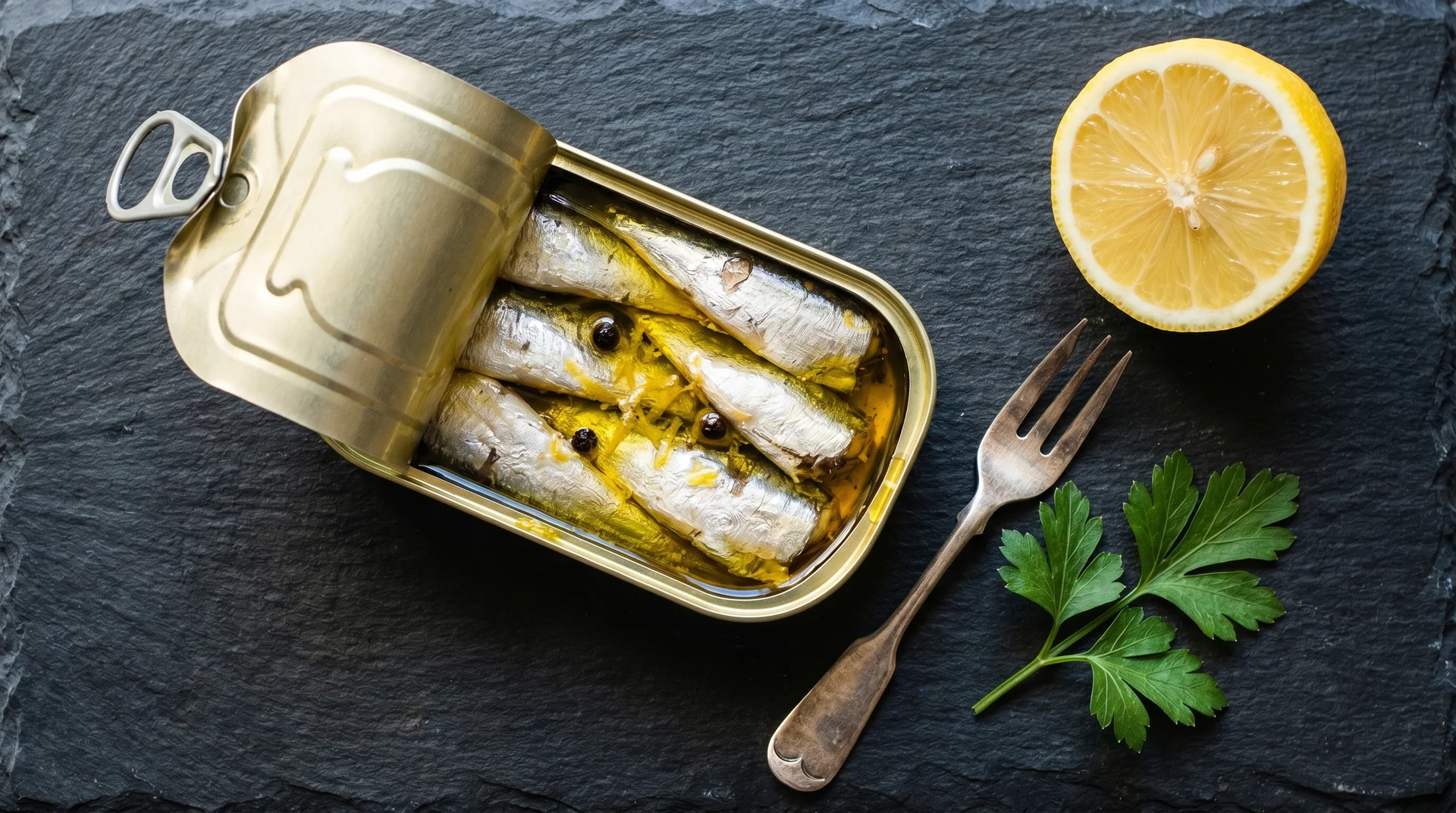 An open tin of sardines in olive oil served on a dark slate board with a fresh lemon slice, a metal fork, and a sprig of parsley.