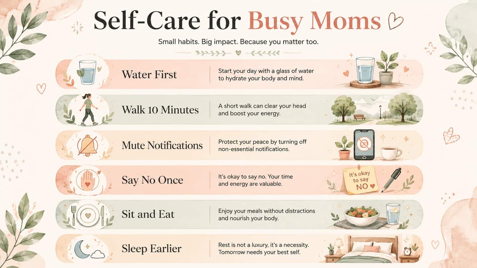 Infographic listing six practical self-care habits for busy mothers under the heading "Self-Care for Busy Moms."