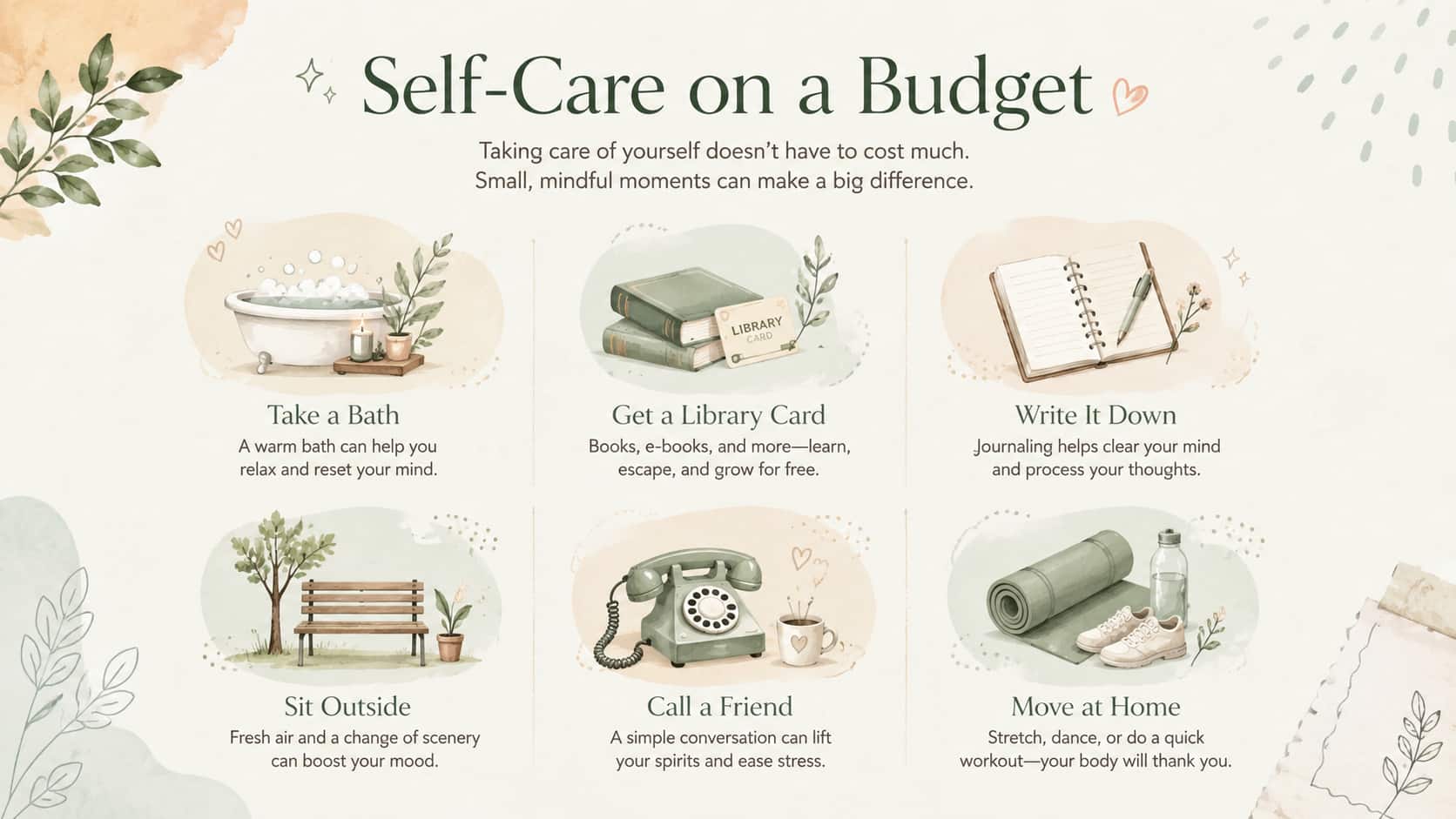 Infographic listing six budget-friendly self-care tips for mothers under the heading "Self-Care on a Budget."
