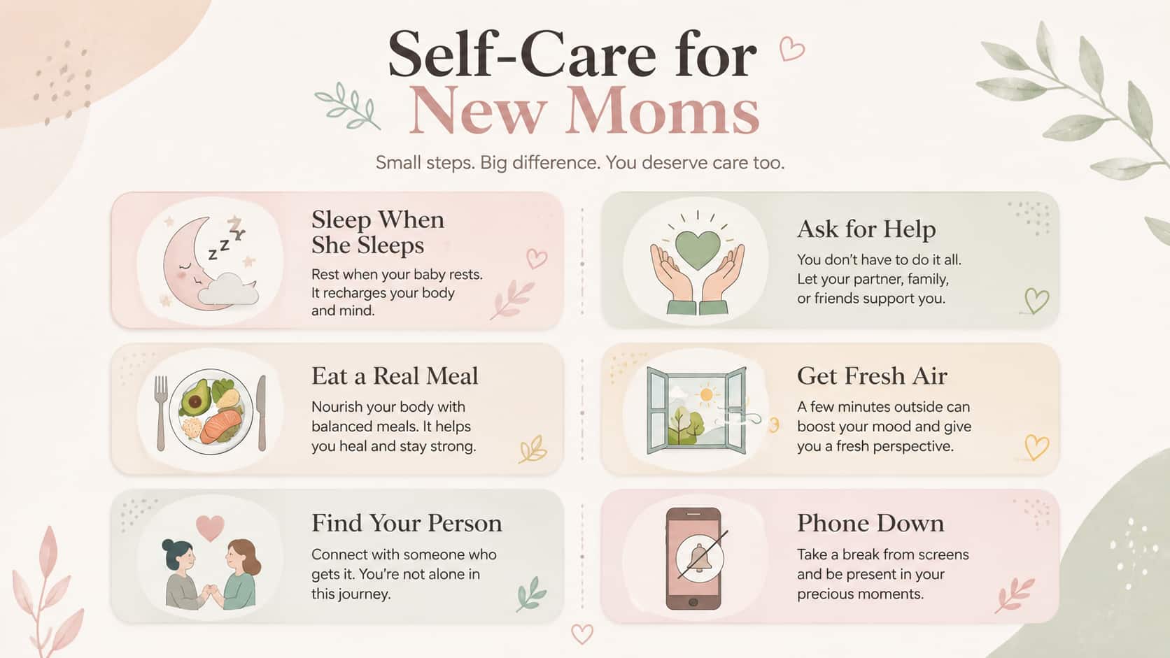 Infographic listing six self-care tips for new mothers under the title "Self-Care for New Moms".