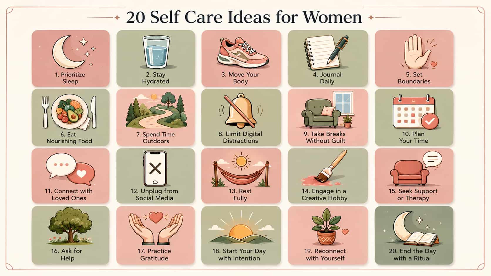 An infographic titled "20 Self Care Ideas for Women" showing a 5x4 grid of 20 color-coded squares with illustrations and tips.