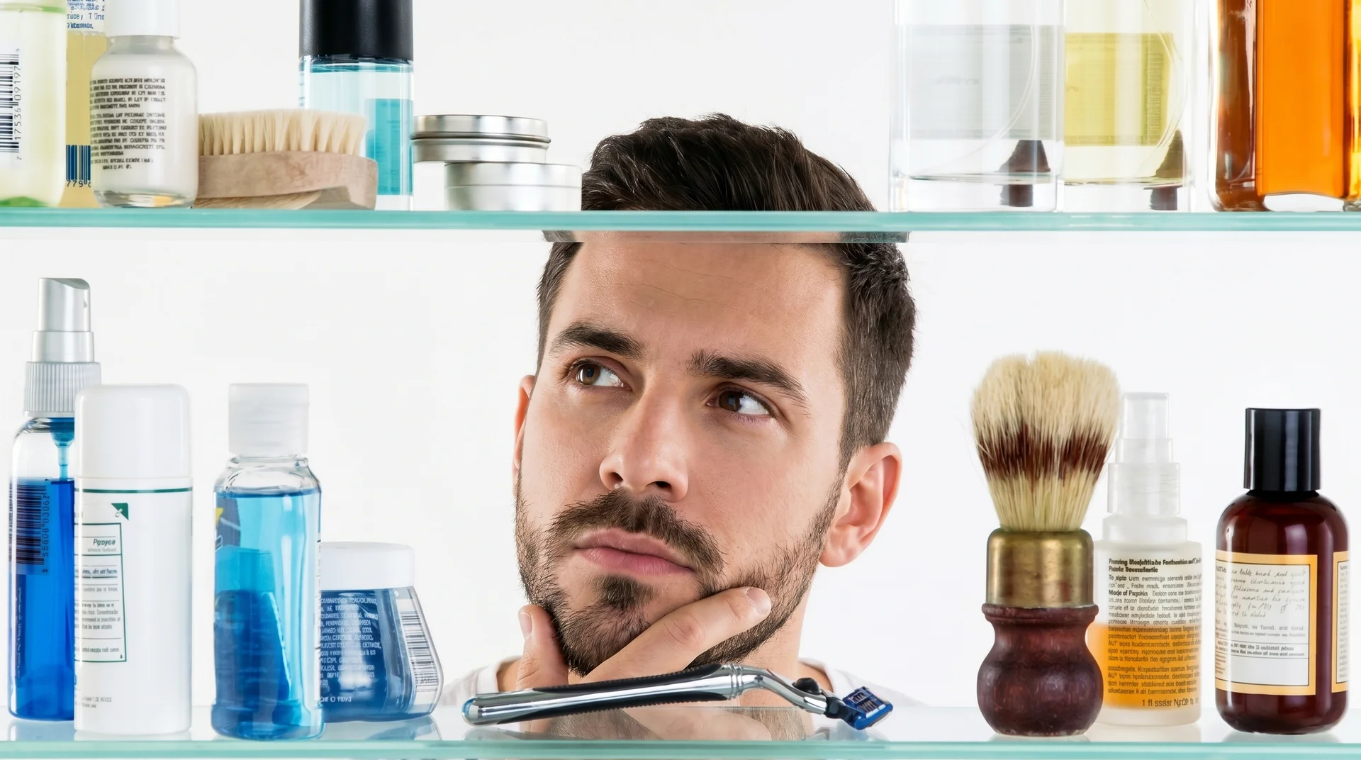 Man in a bathroom surrounded by male grooming products.