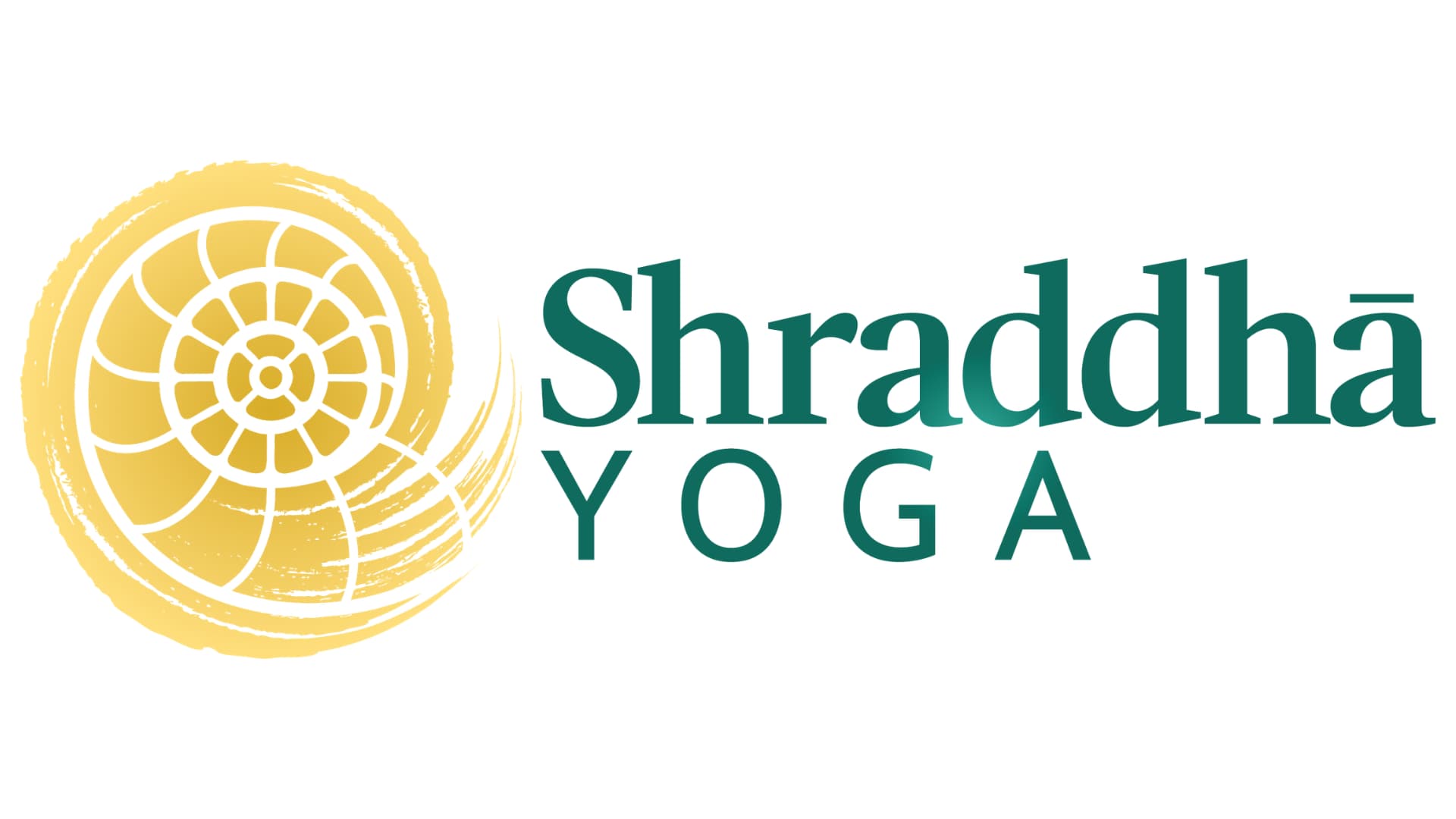 Logo for Shraddha Yoga featuring a circular, golden yellow mandala design on the left and the words "Shraddha YOGA" in a dark teal font on the right.