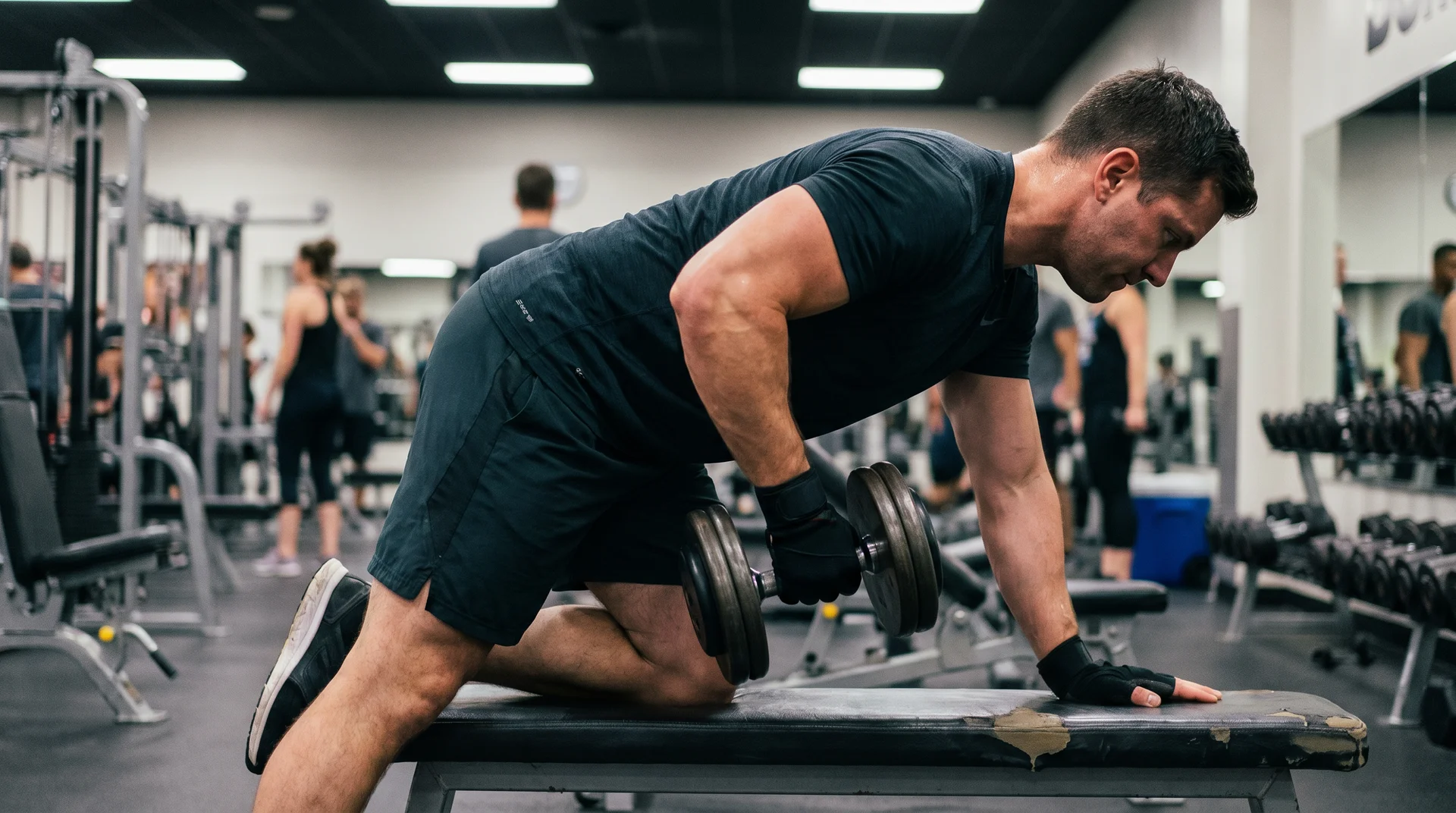 A man supporting himself with one knee and hand on a gym bench while performing a single-arm dumbbell row.