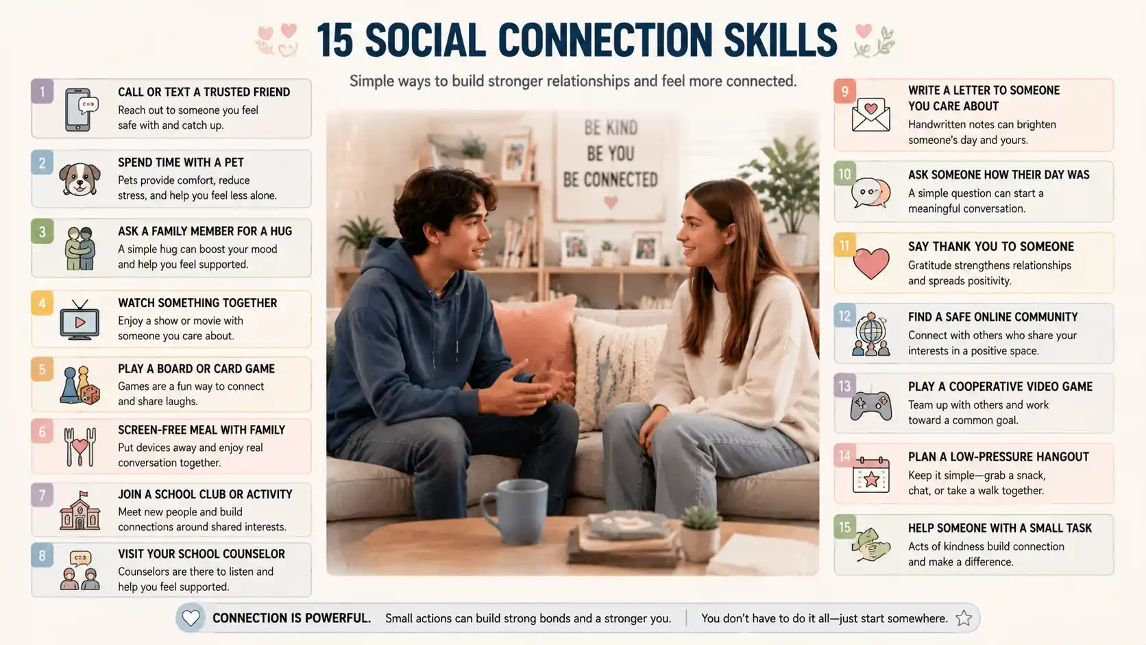 Infographic detailing 15 social connection coping skills for teen stress relief.